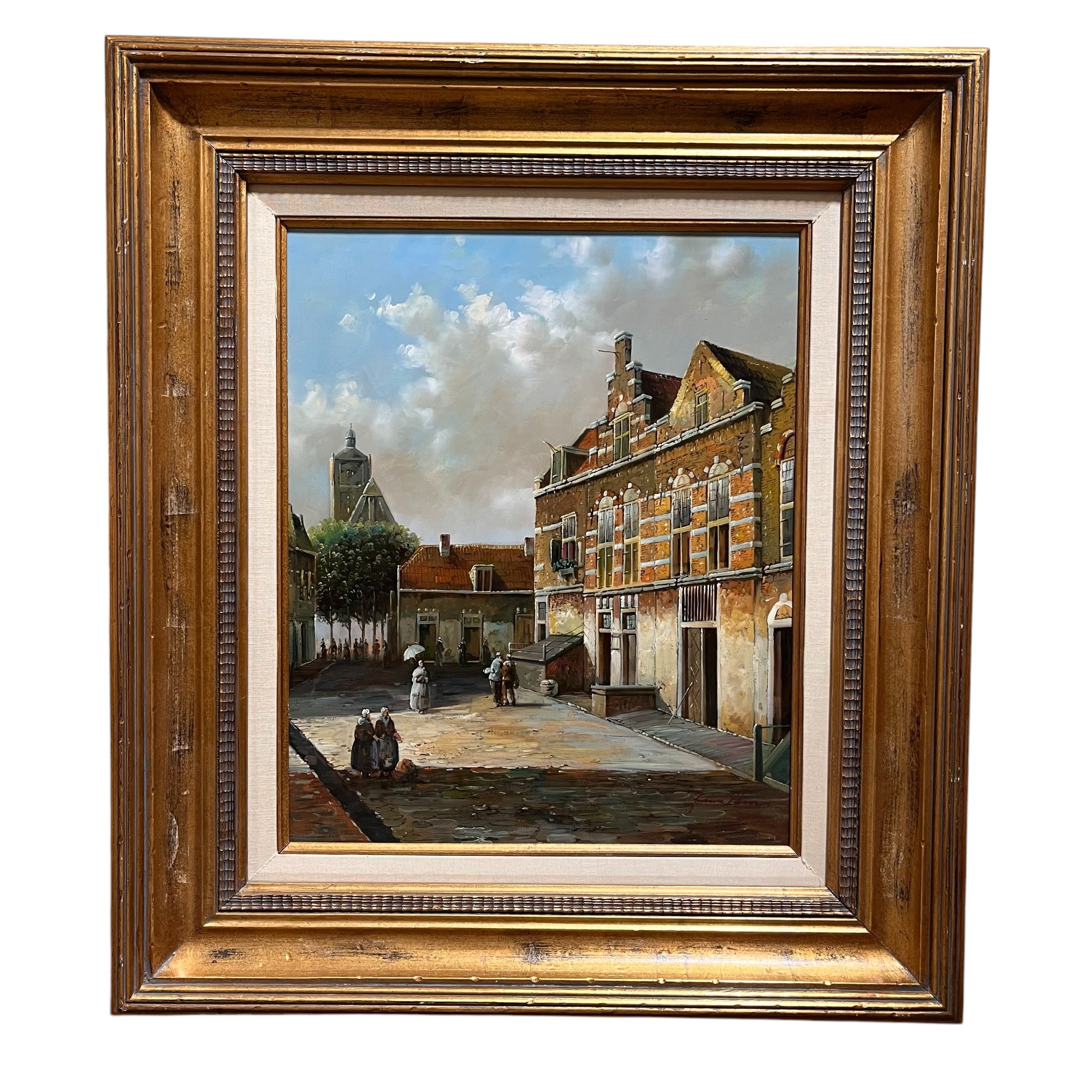 Fran Kline Hand Painted Continental Cobblestone and Church Town Scene Oil on Canvas Wall Decor; 31"x 35"