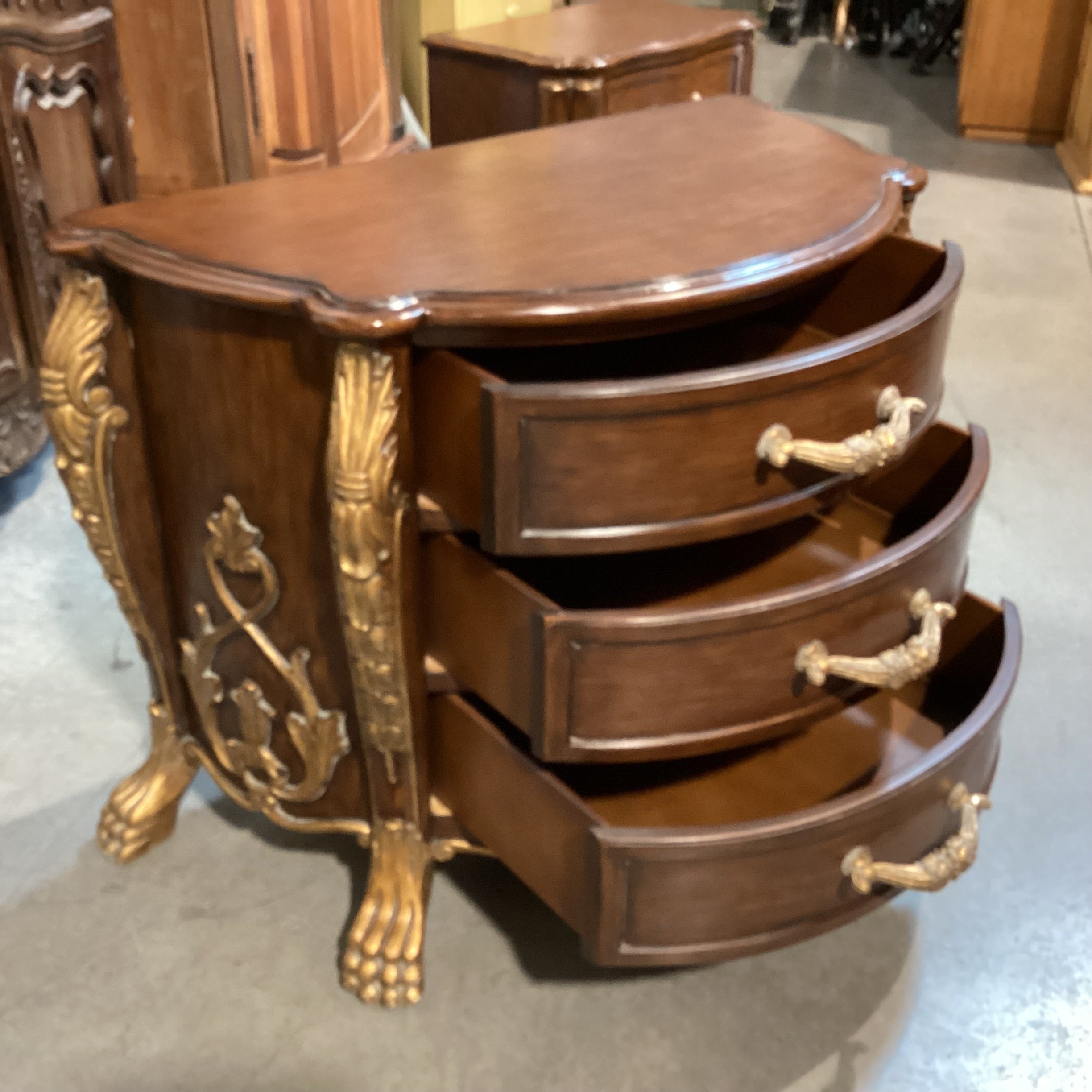 Ornate Carved Wood with Claw Feet & Gold Accent 3 Drawer Chest 48"x 25"x 34"