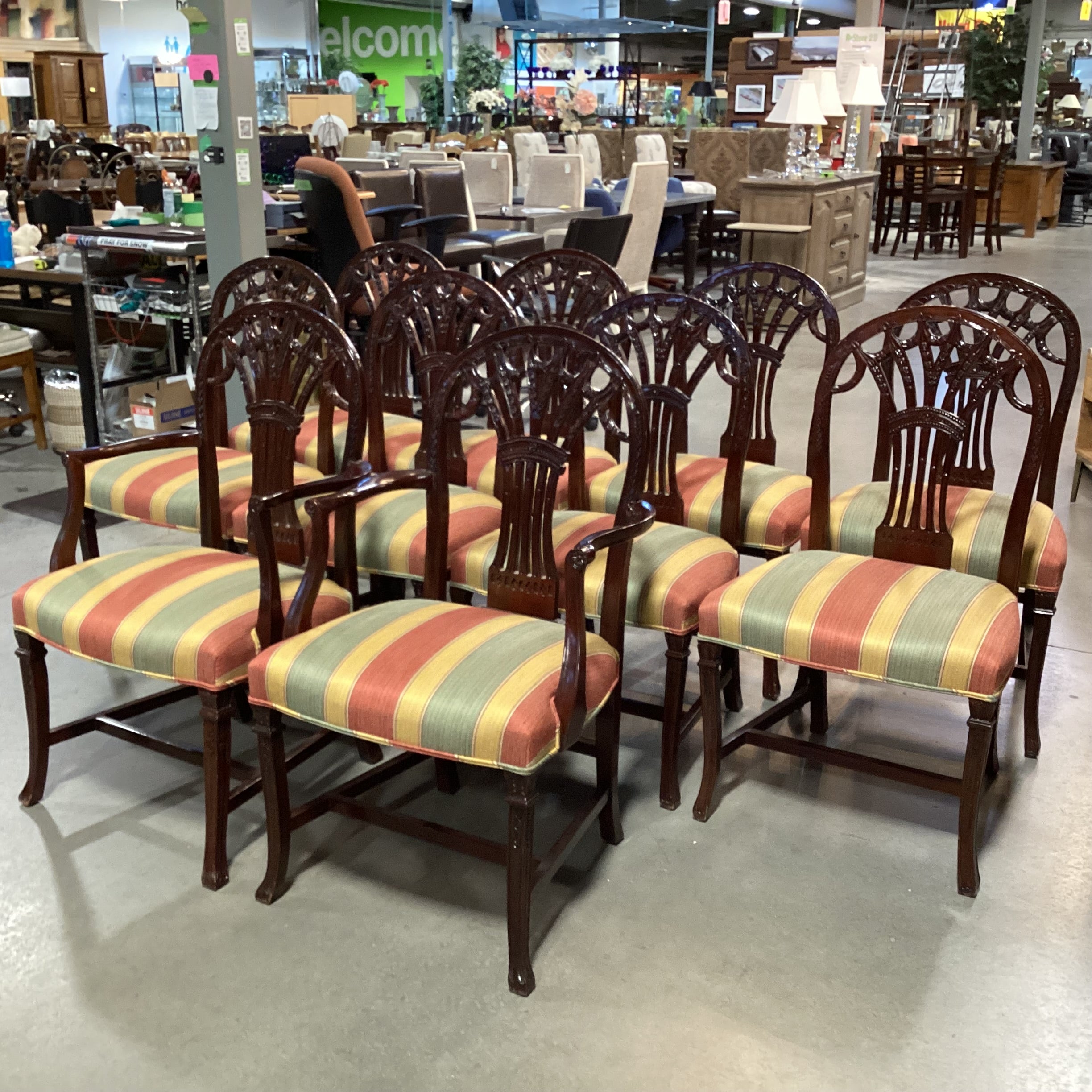 SET of 10 Ornate Carved Finished Wood & Gold Burnt Orange Sage Woven Stripe Dining Chairs 22"x 22"x 39"
