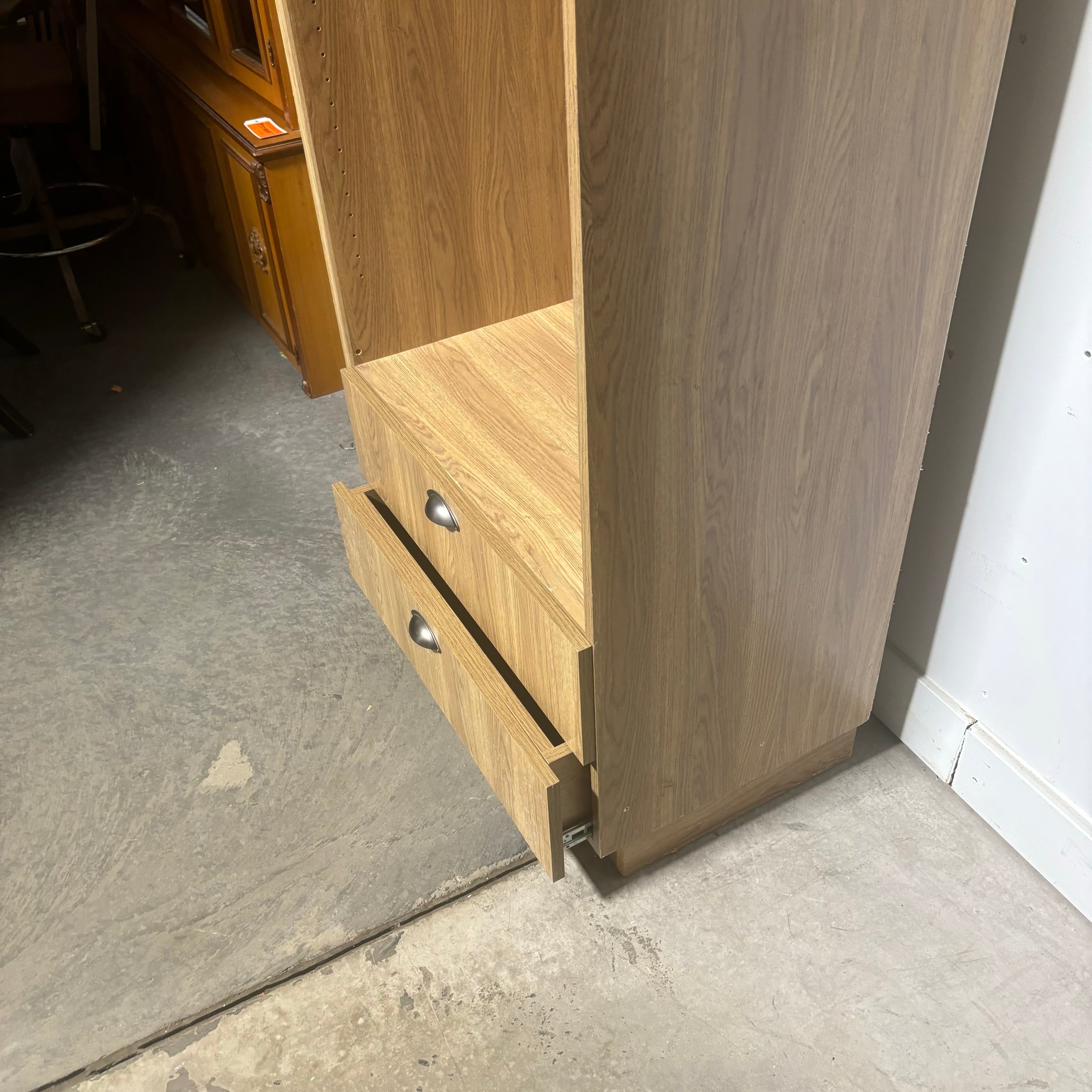 Light Brown Wood Laminate 2 Drawer 2 Shelf Standing Wardrobe 31.5”x 19”x 100”