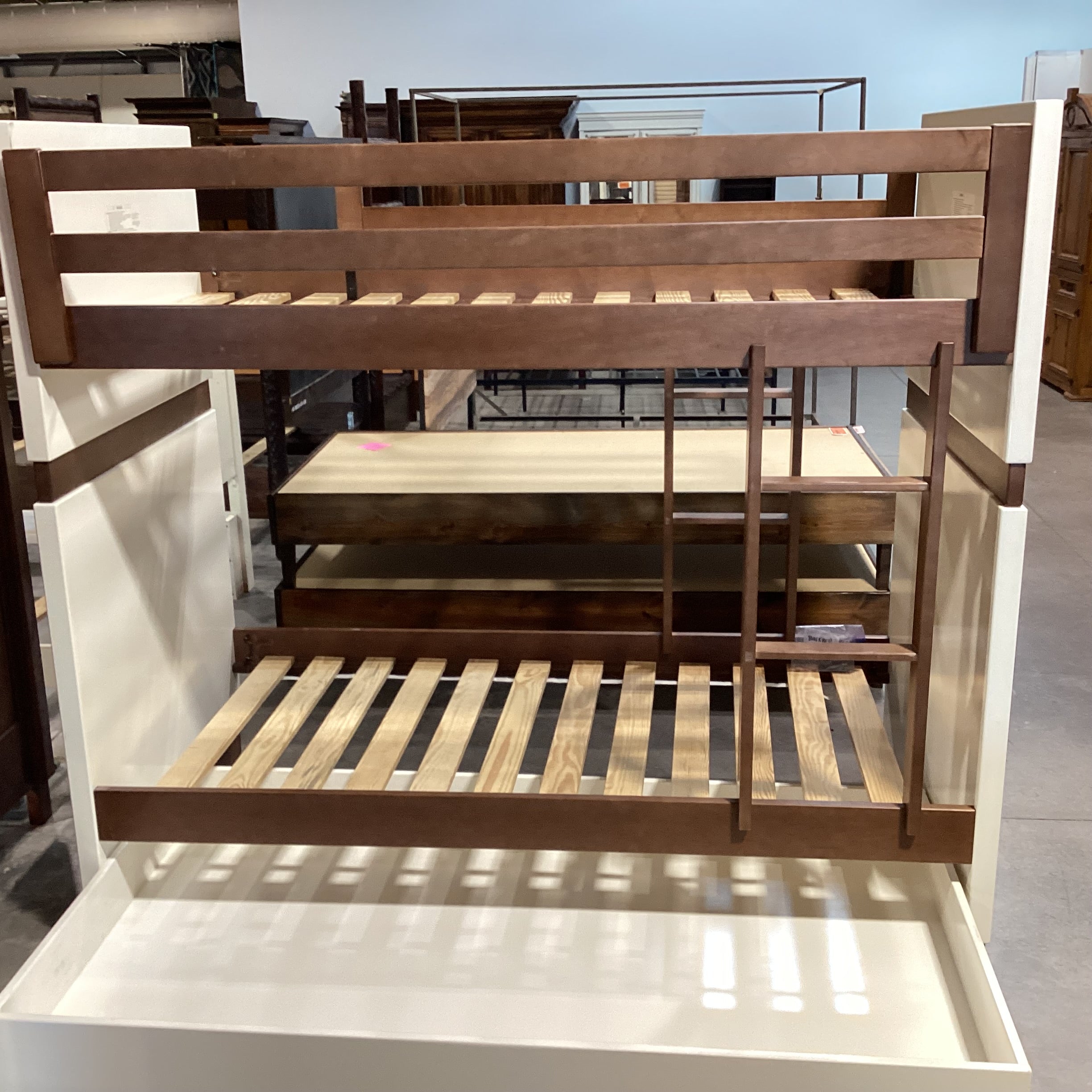 El Greco Woodworking for Room & Board White & Brown Wood Twin over Twin with Trundle Bunk Bed Set 42"x 80"x 72"