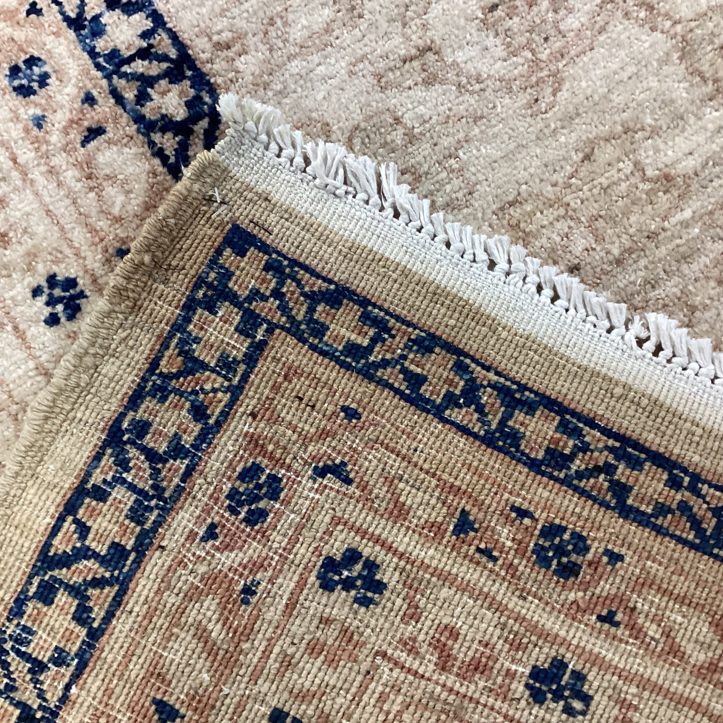 Cream Tan Blue Hand Woven Wool Rug 10' x 12" 9"