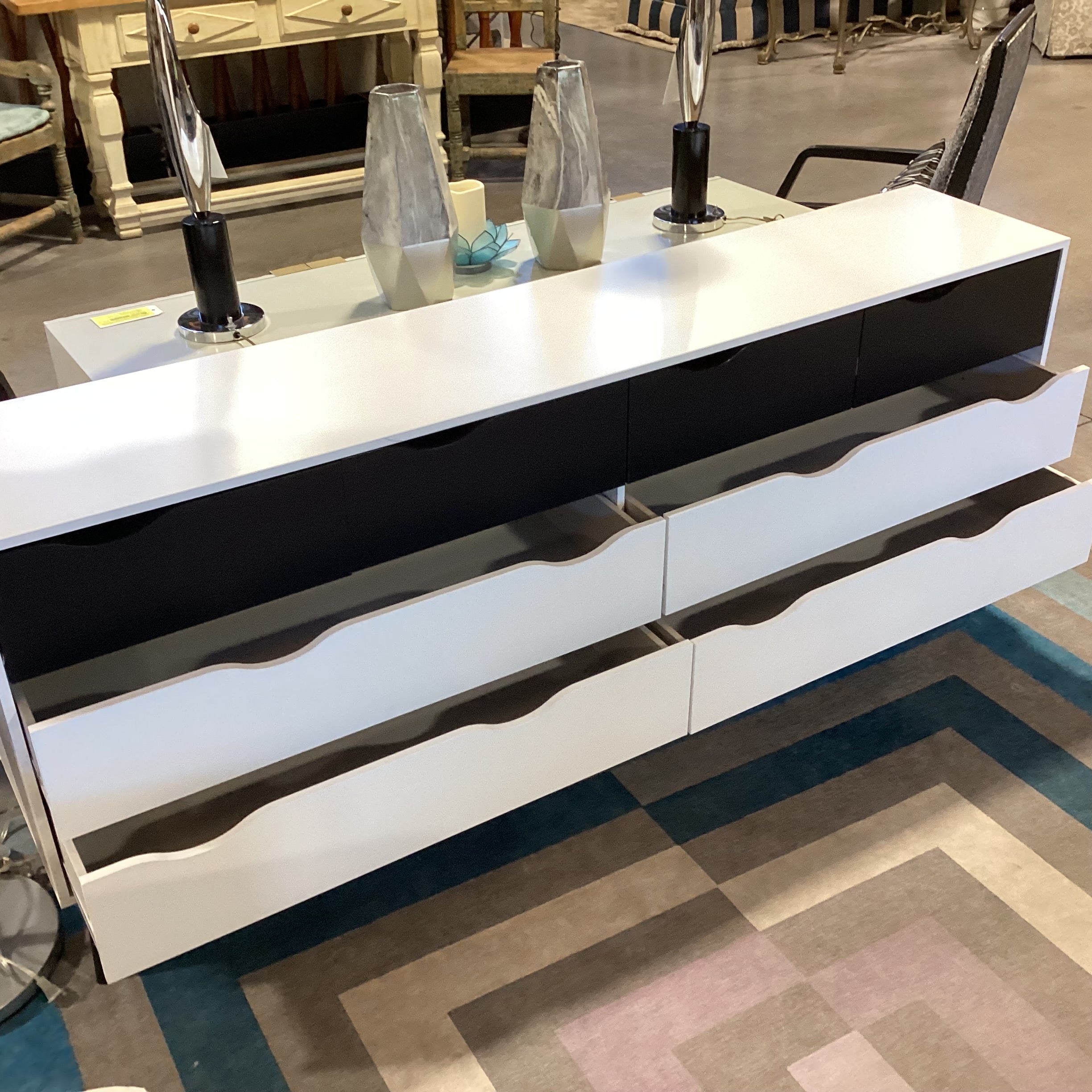 Danish Modern Black & White Laminate 8 Drawer Dresser 77"x 15.5"x 32"