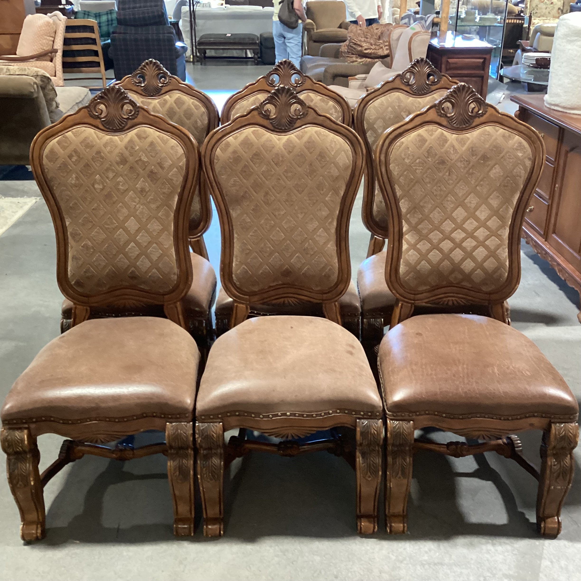 SET of 6 Carved Wood Tuscano Leather Seat & Diamond Upholstered Dining Chairs