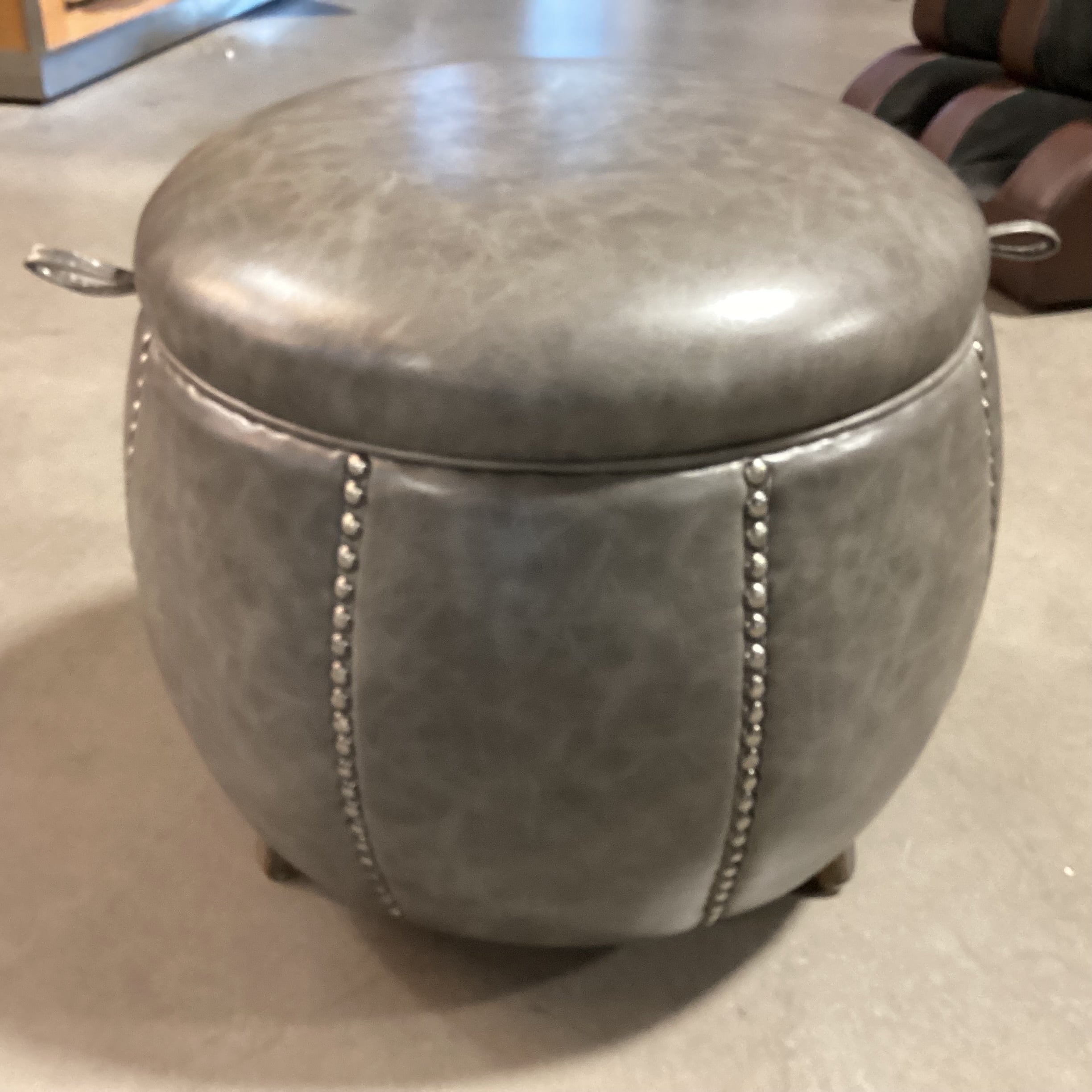 Uttermost Linford Round Clouded Zinc Leather Nailhead with Storage Ottoman 20" Diameter x 18"