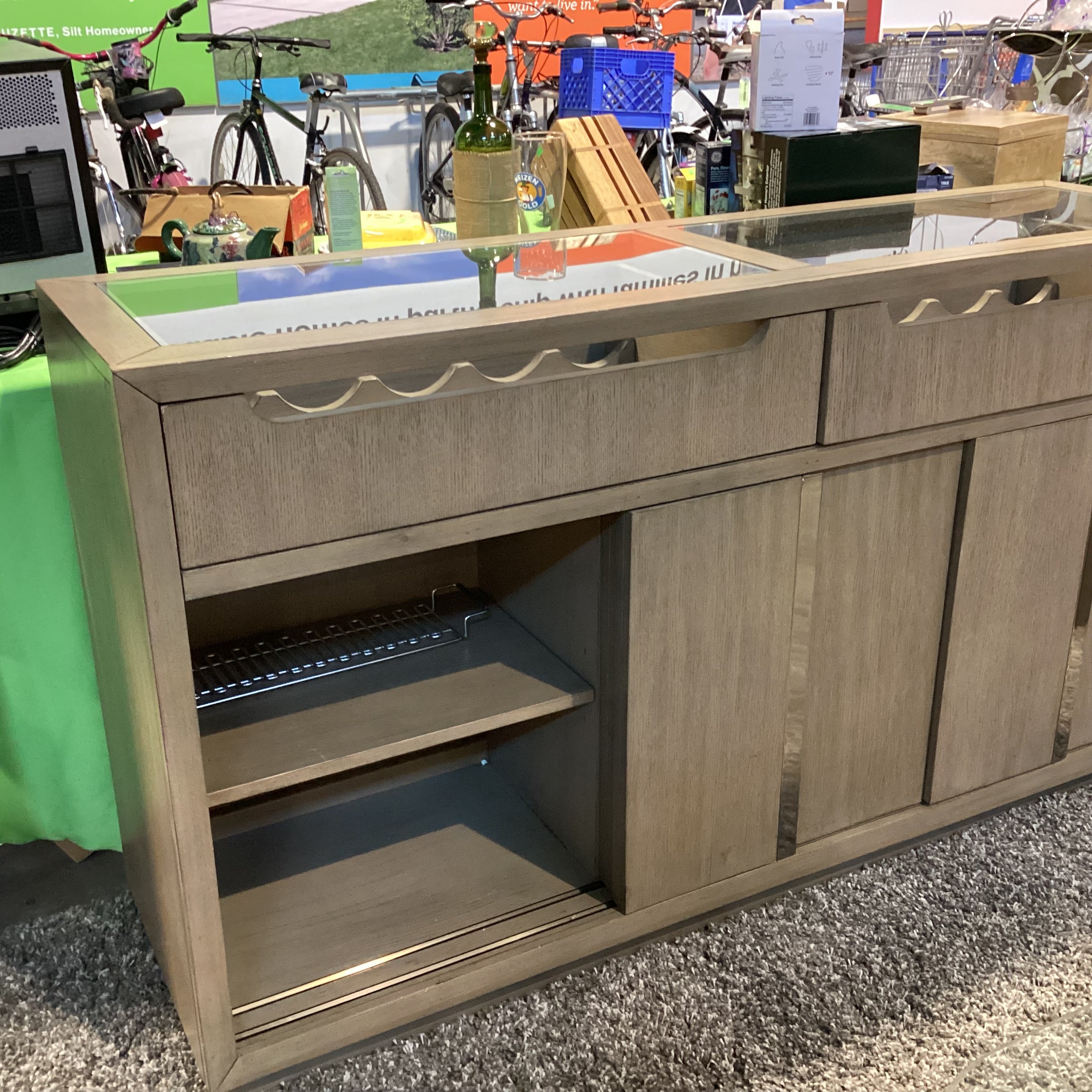Klaussner Olive Grey Tone Finish Sliding Doors & 2 Wine Drawers with Glass Top Server Sideboard 65"x 18"x 36"