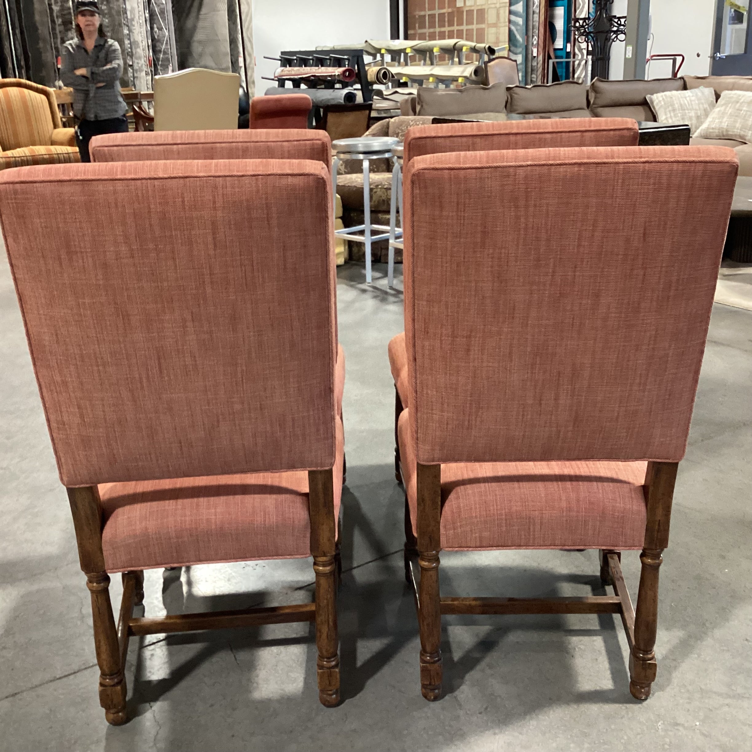 Set Of 4 Carved Wood Red Orange Woven Linen Dining Chairs 21"x 20"x 42.5"