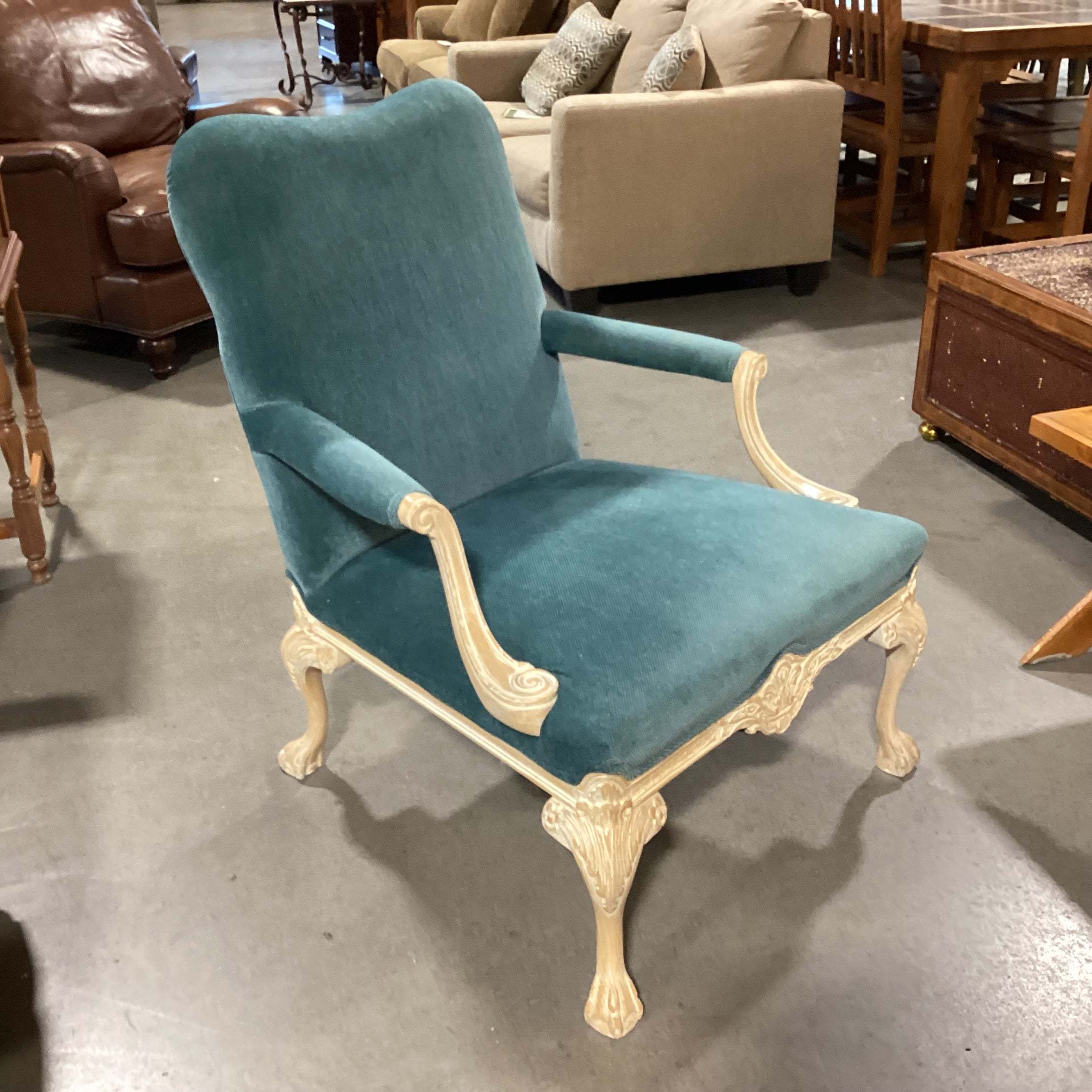 Teal Upholstered White Washed Carved Wood Chair 28"x 30"x 38"