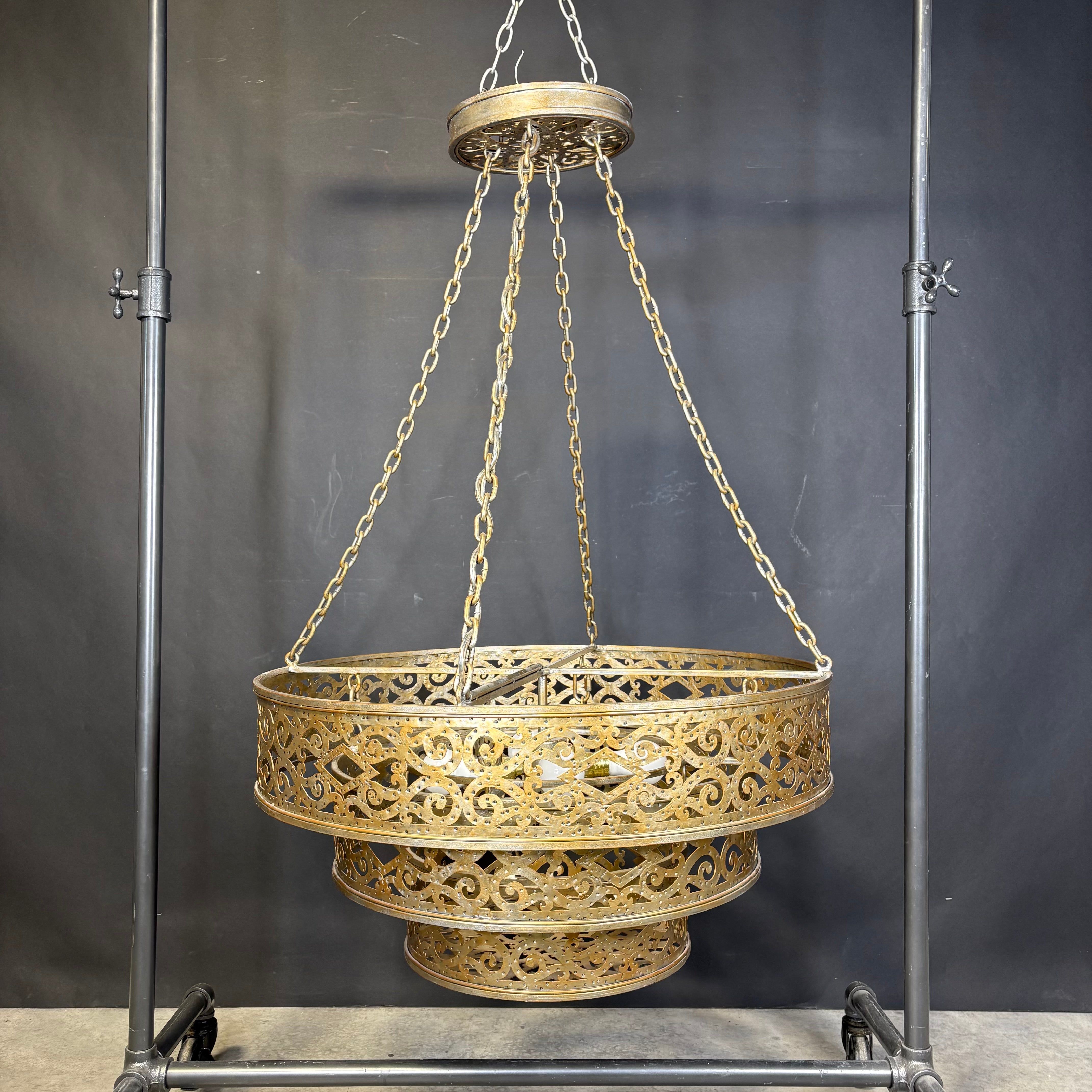 Horchow Moroccan Style 4-Light Tiered Gold Painted Ornate Pierced Metal Chandelier 30” Diameter x 45”