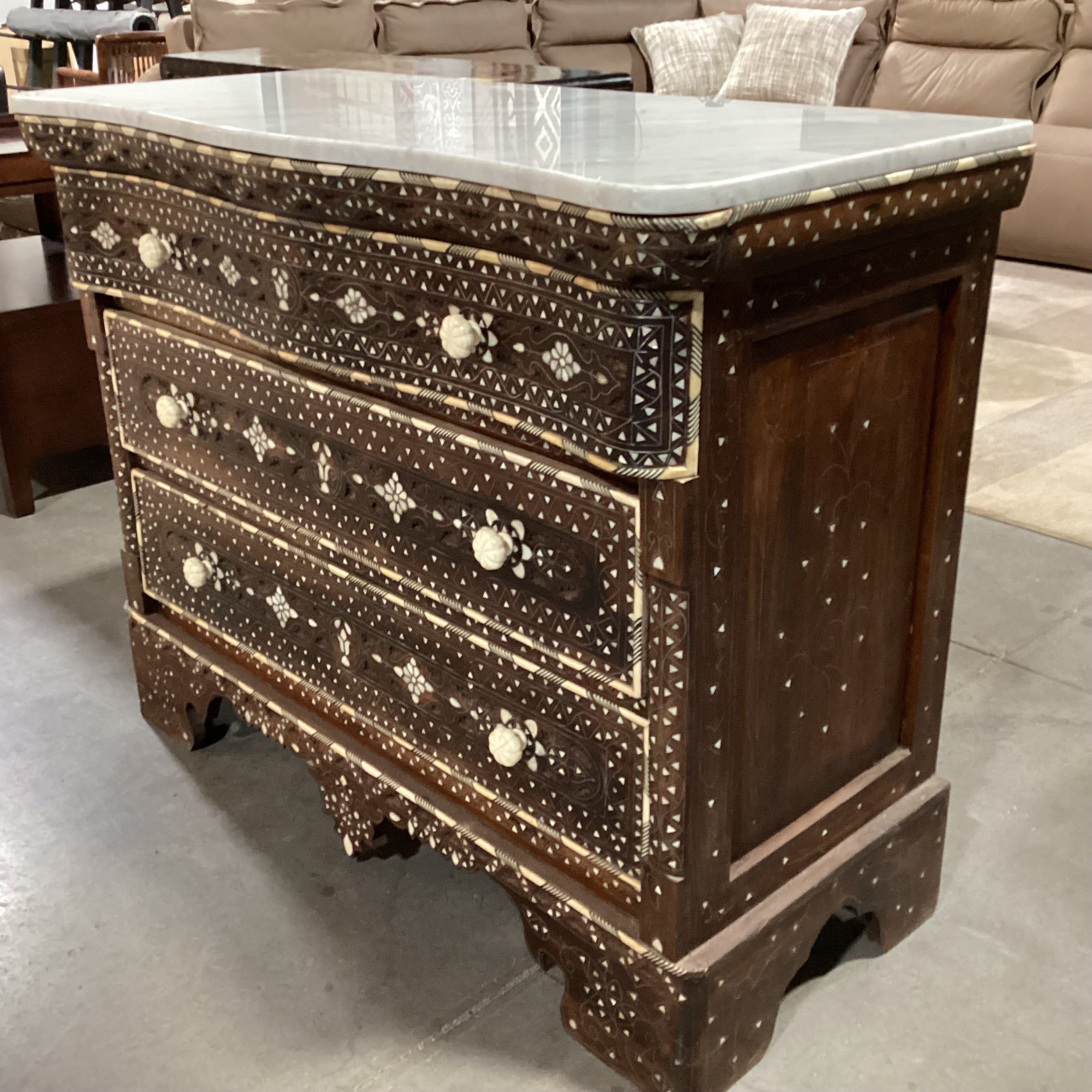 Damascus Carved Wood Mother of Pearl Inlay & Marble Top Wedding Chest 45.5"x 20.5"x 37"