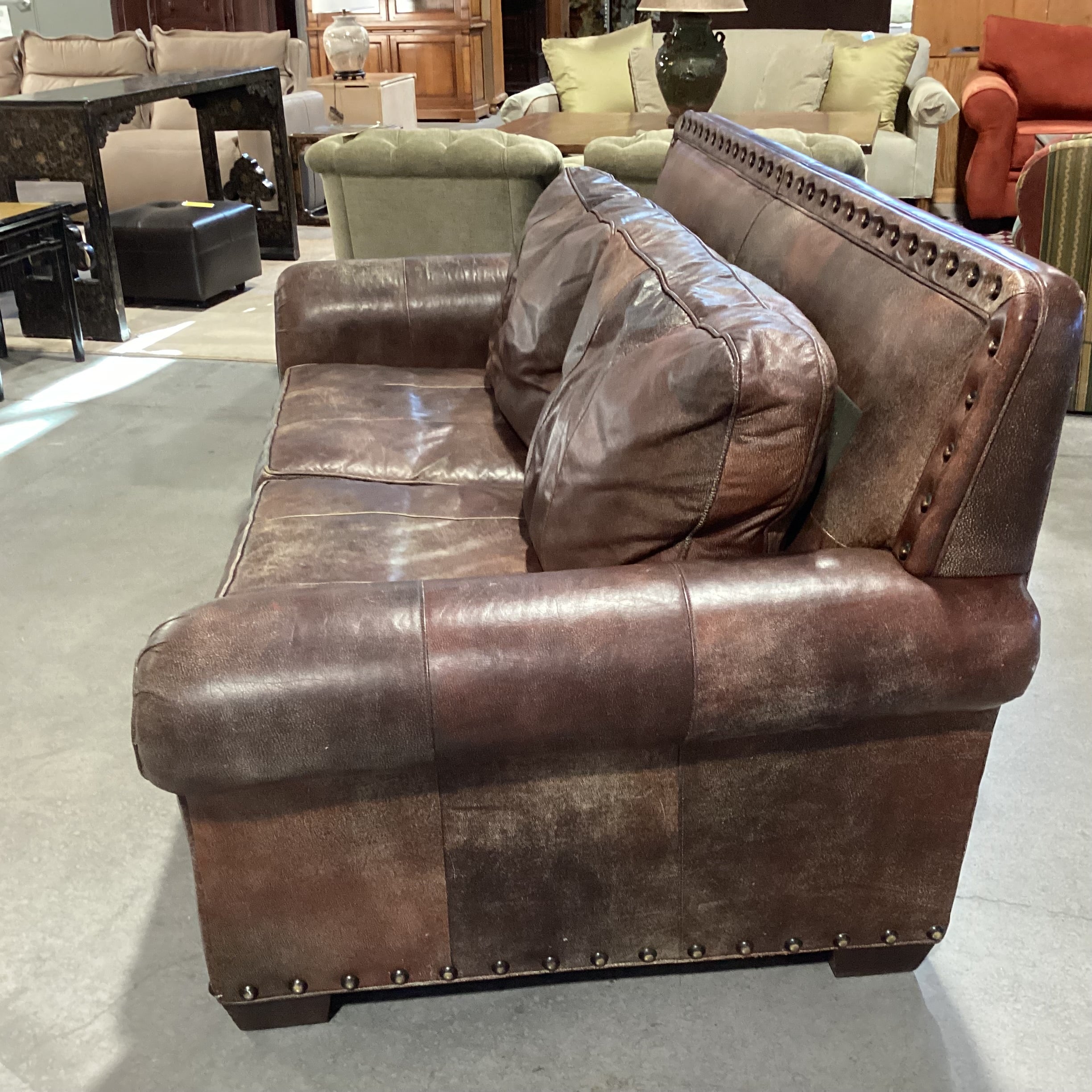 Distressed Leather Nailhead Highback Sofa 80"x 41"x 36"