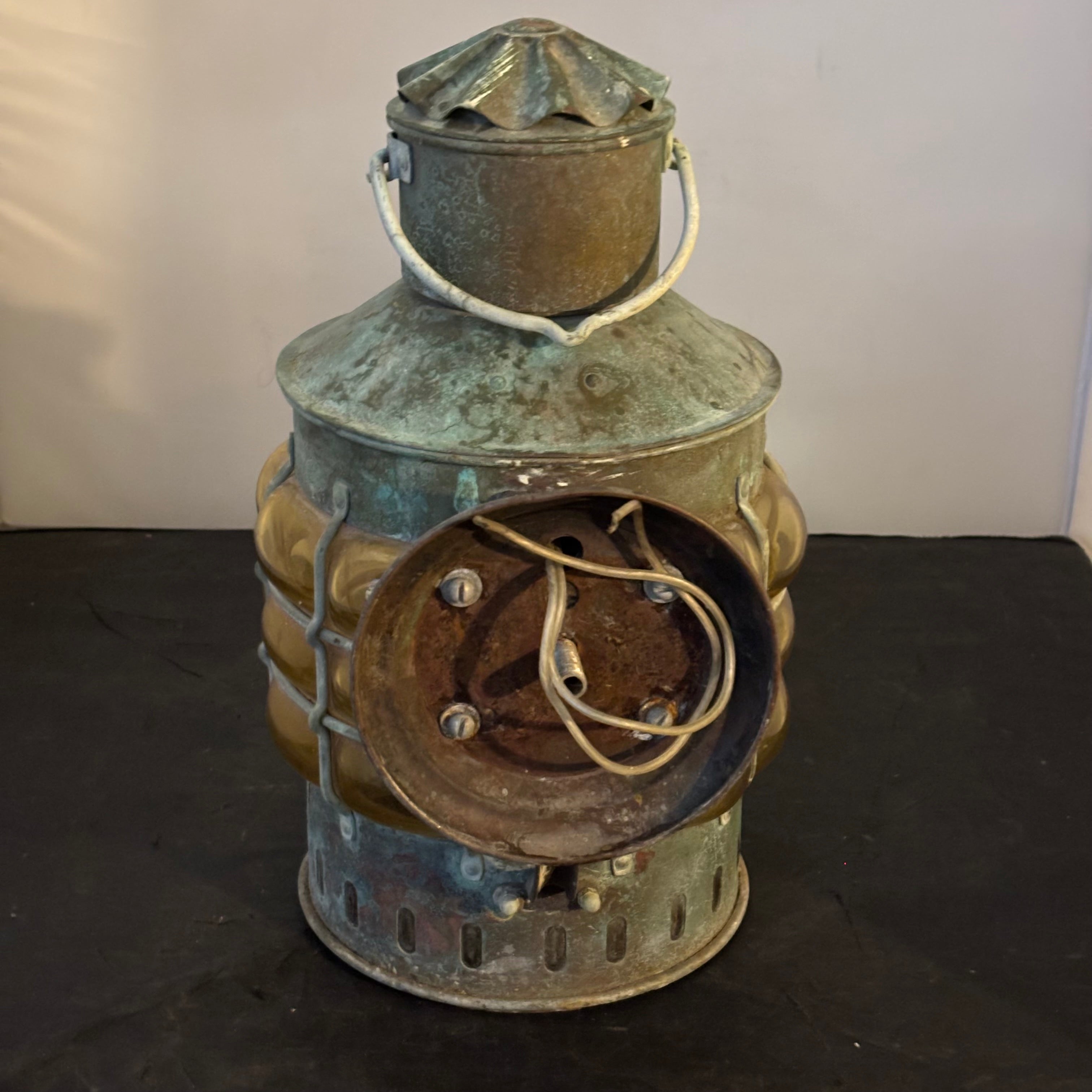 Vintage Ankerlicht Amber Bubble Glass Copper Ship's Lantern, 9" x 14"