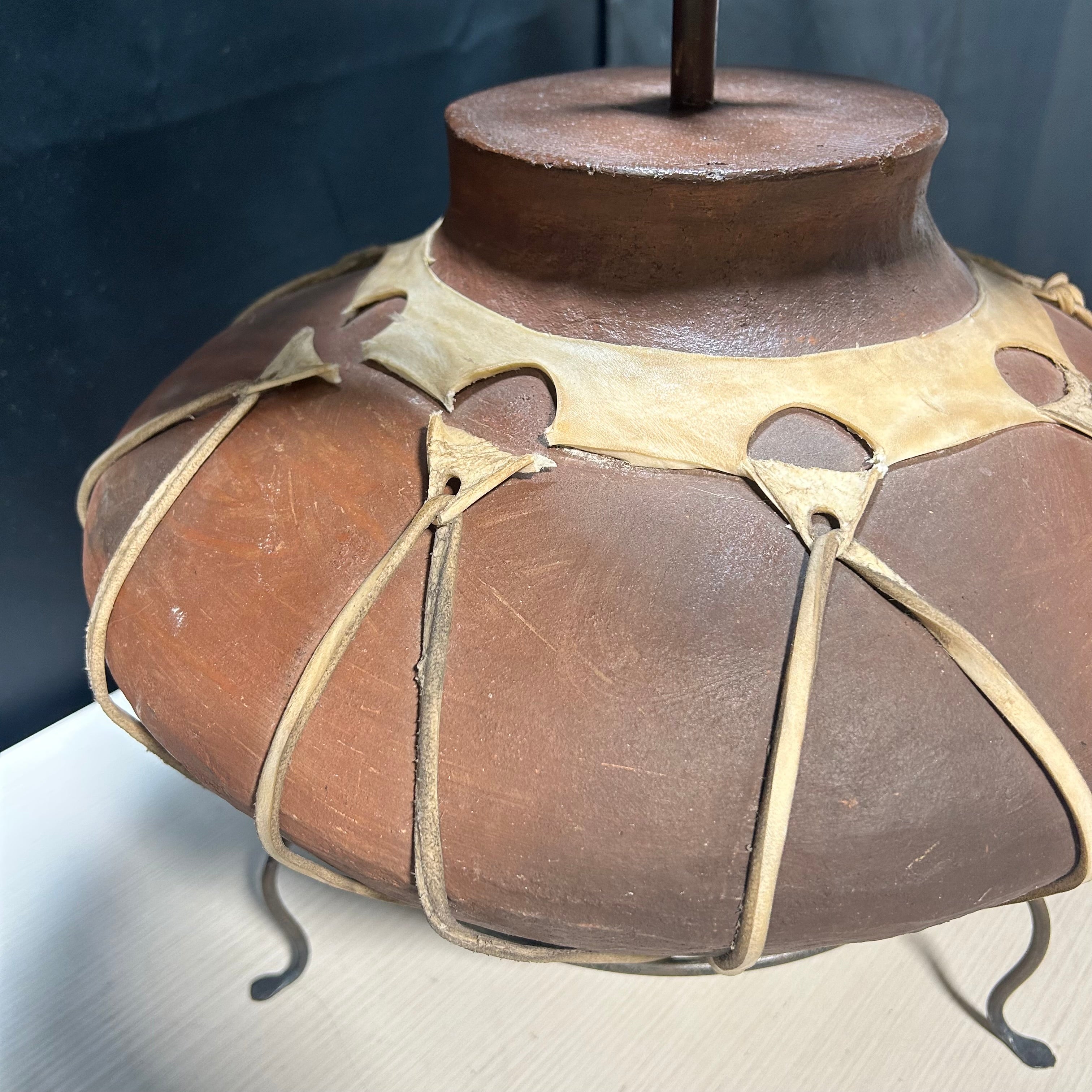 Vintage Leather Wraped Potery With Iron Basde And Shade 19"x 27"