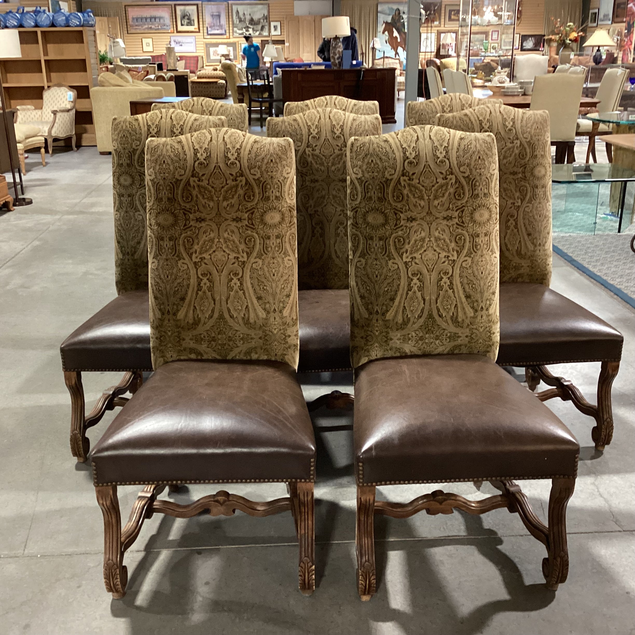 SET of 8 Ornate Carved Wood Leather Nailhead & Paisley Velvet Dining Chairs 22"x 24"x 44.5"