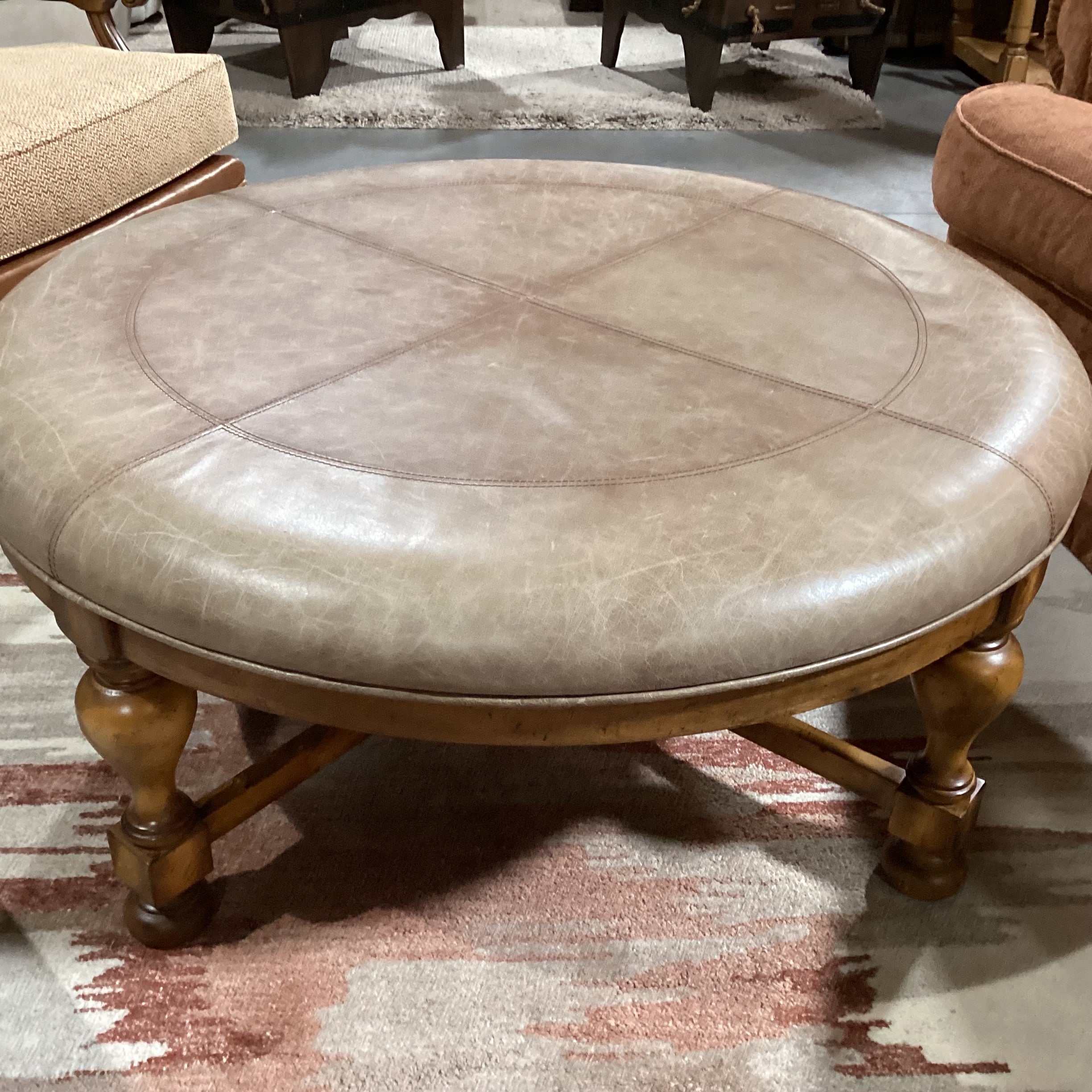 Carved Wood & Distressed Leather Round Ottoman 45" Diameter x 19.5"