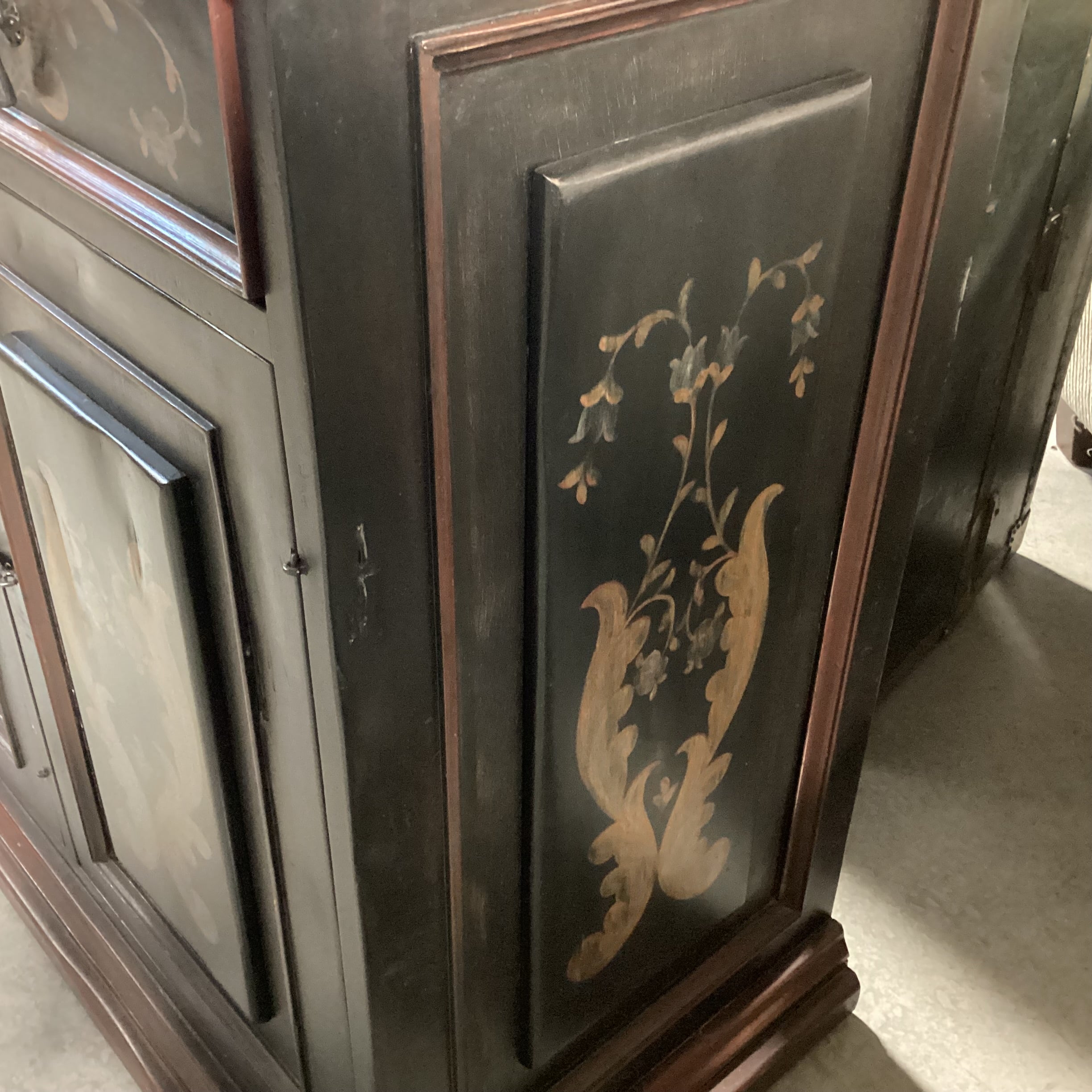 Black & Red Antiqued with Gold Ornate Painted Detail 3 Drawer 3 Door with Shelves Sideboard 60"x 21"x 41"