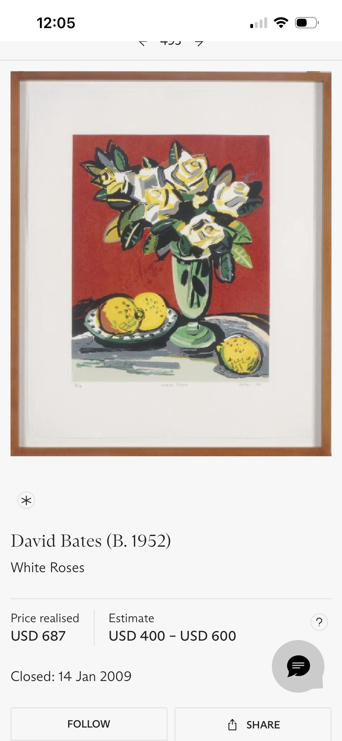 David Bates "White Roses" 4/18 SilkScreen Signed With Award Plaque Below 26"x 31.5"