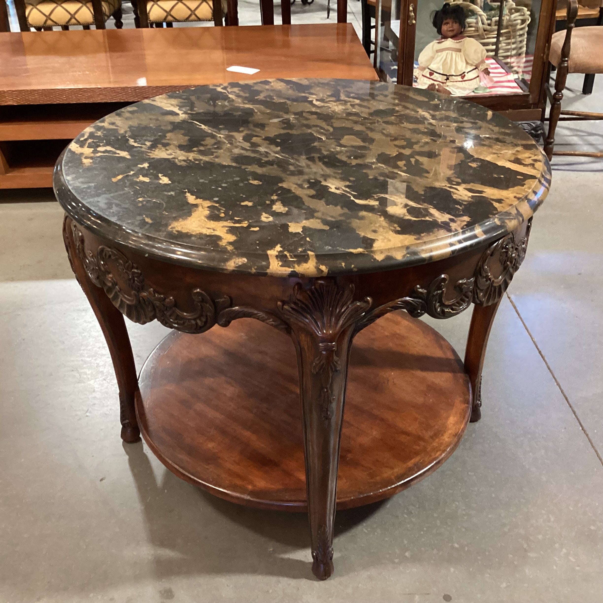 Italian Carved Wood & Black Brown Marble Round Accent Table 36" Diameter x 28.5"