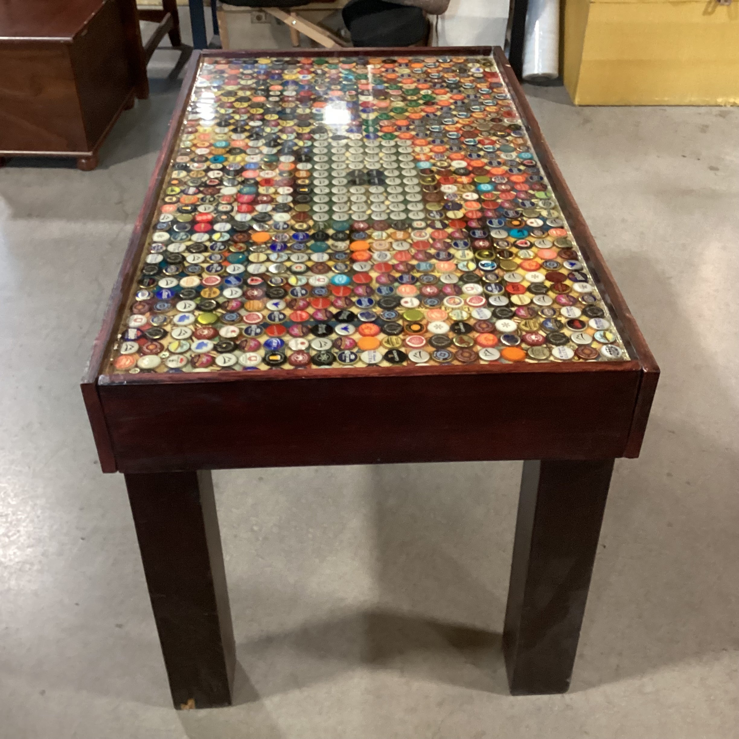 Handmade Wood & Bottle Top Design Accent Table 44.5"x 25.5"