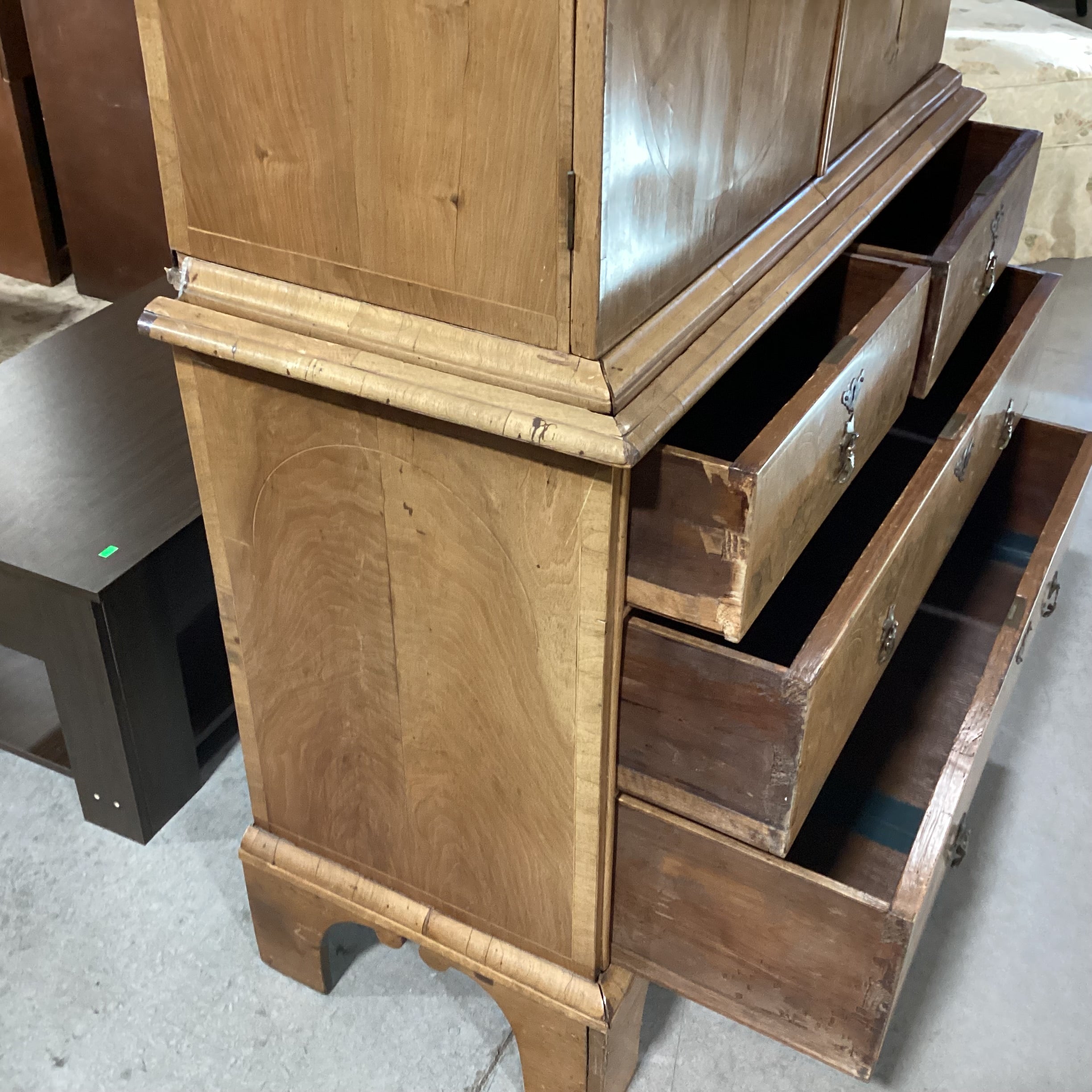 Antique English Burr Walnut Veneer Inlay & Brass Ornate Pulls 18 Drawer 2 Door 2 Piece Cabinet Chest 41"x 18"x 66"