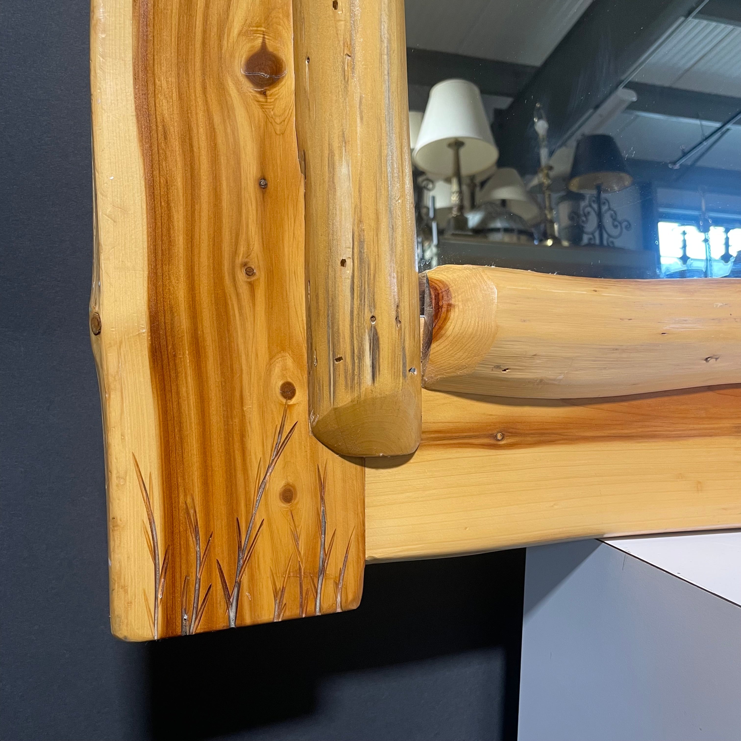 Live Edge Solid Natural Cedar Wood With Burned Wood Wall Mirror W/Branch Design 35 1/2" x 48"