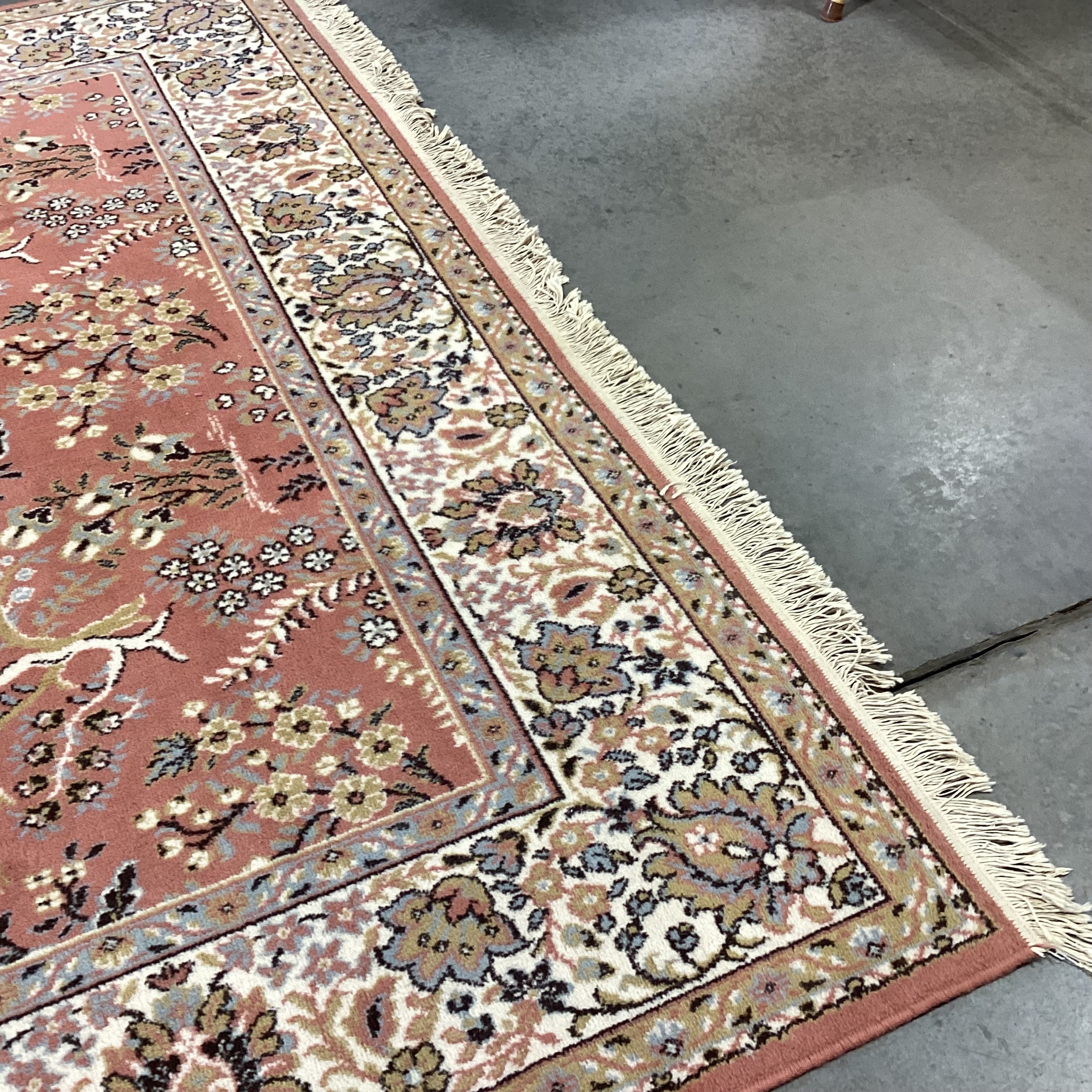 Galaxy Made in Belgium Vintage Salmon Blue Grey & Gold Leaf Floral Pure Virgin Wool Pile Rug 7'11"x 11'4"