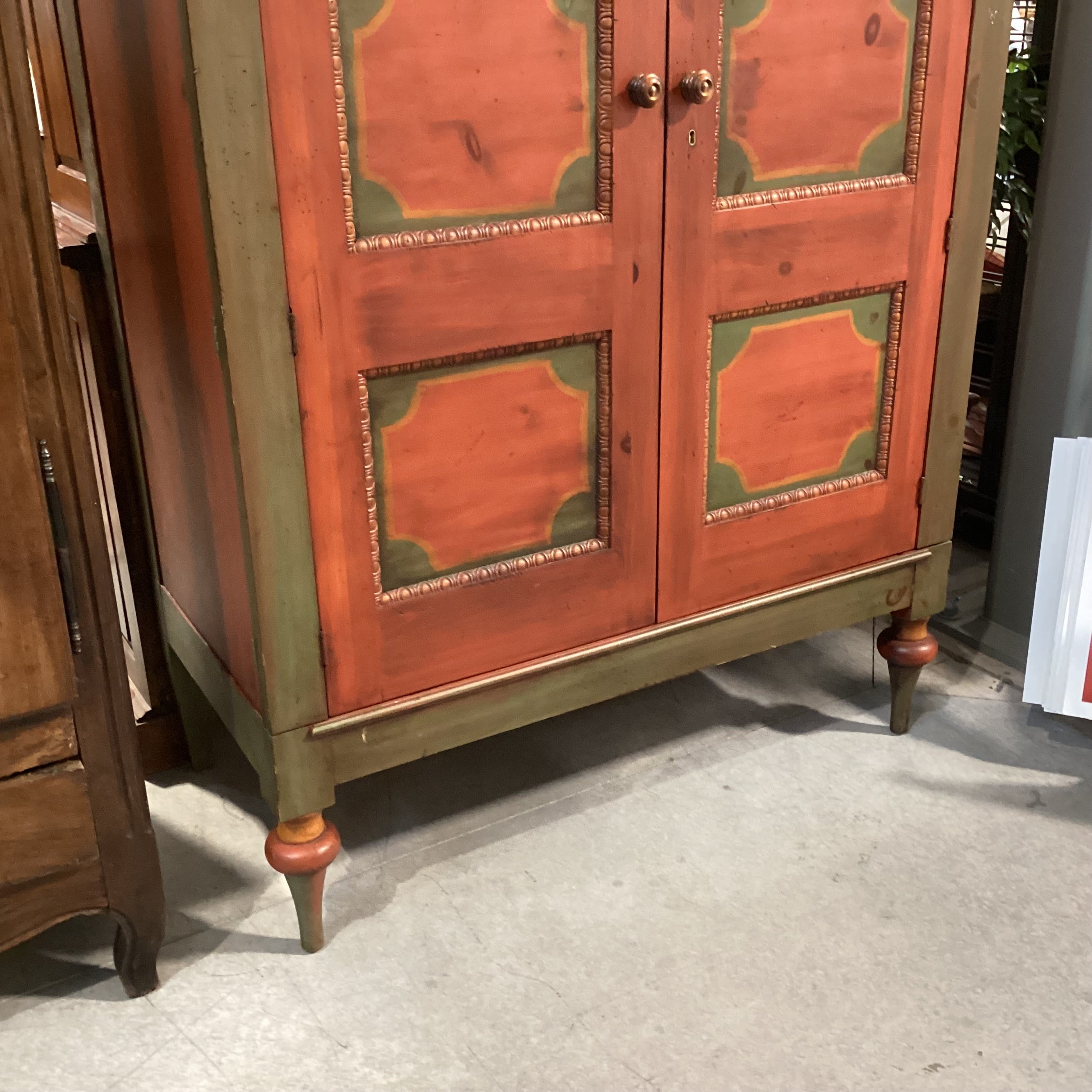 Custom Carved Wood Antiqued Red & Green Handpainted 2 Door Wardrobe Armoire 46"x 24"x 82"