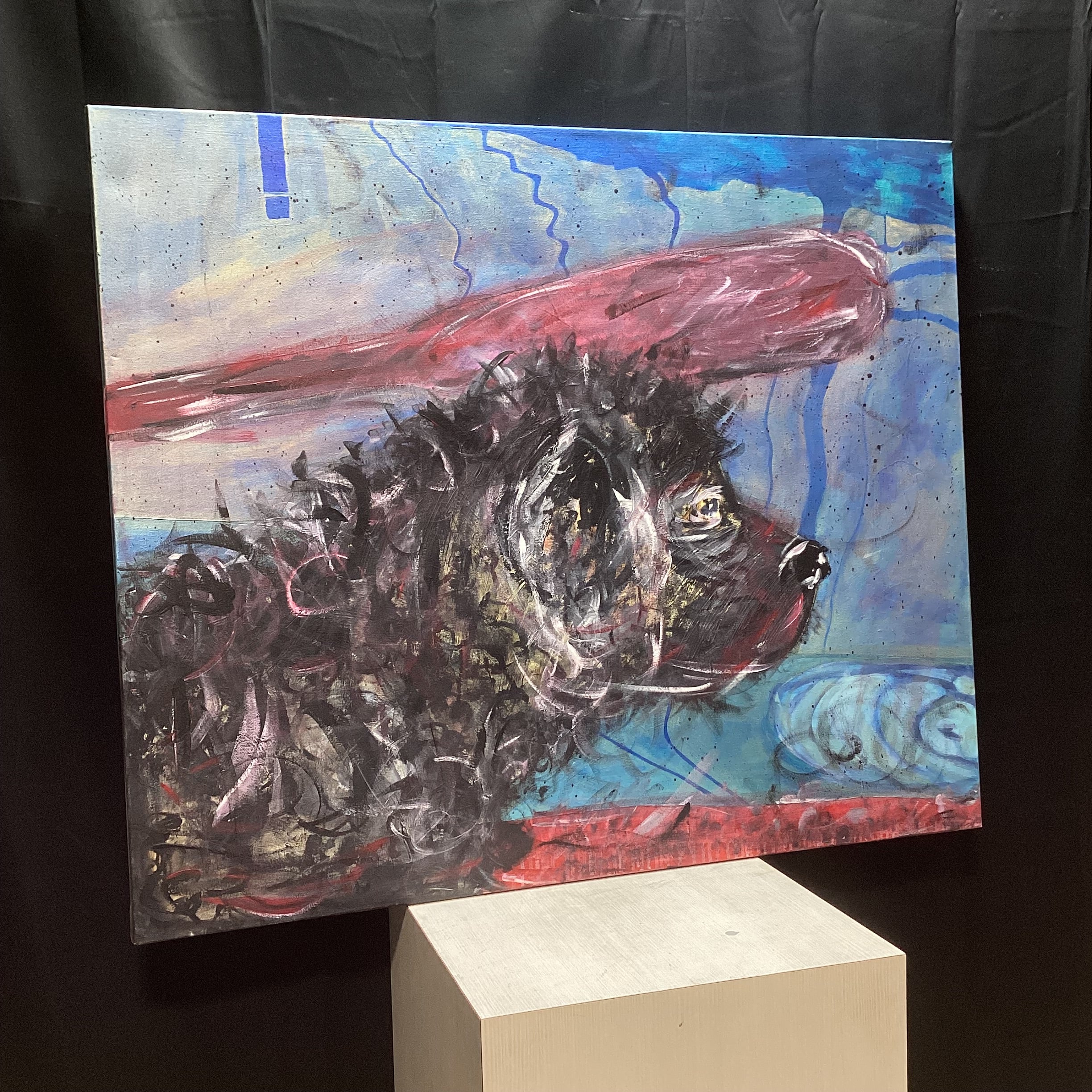 D. Virgil Signed "Fishin Dog" Original Canvas Painting 40" x 48"