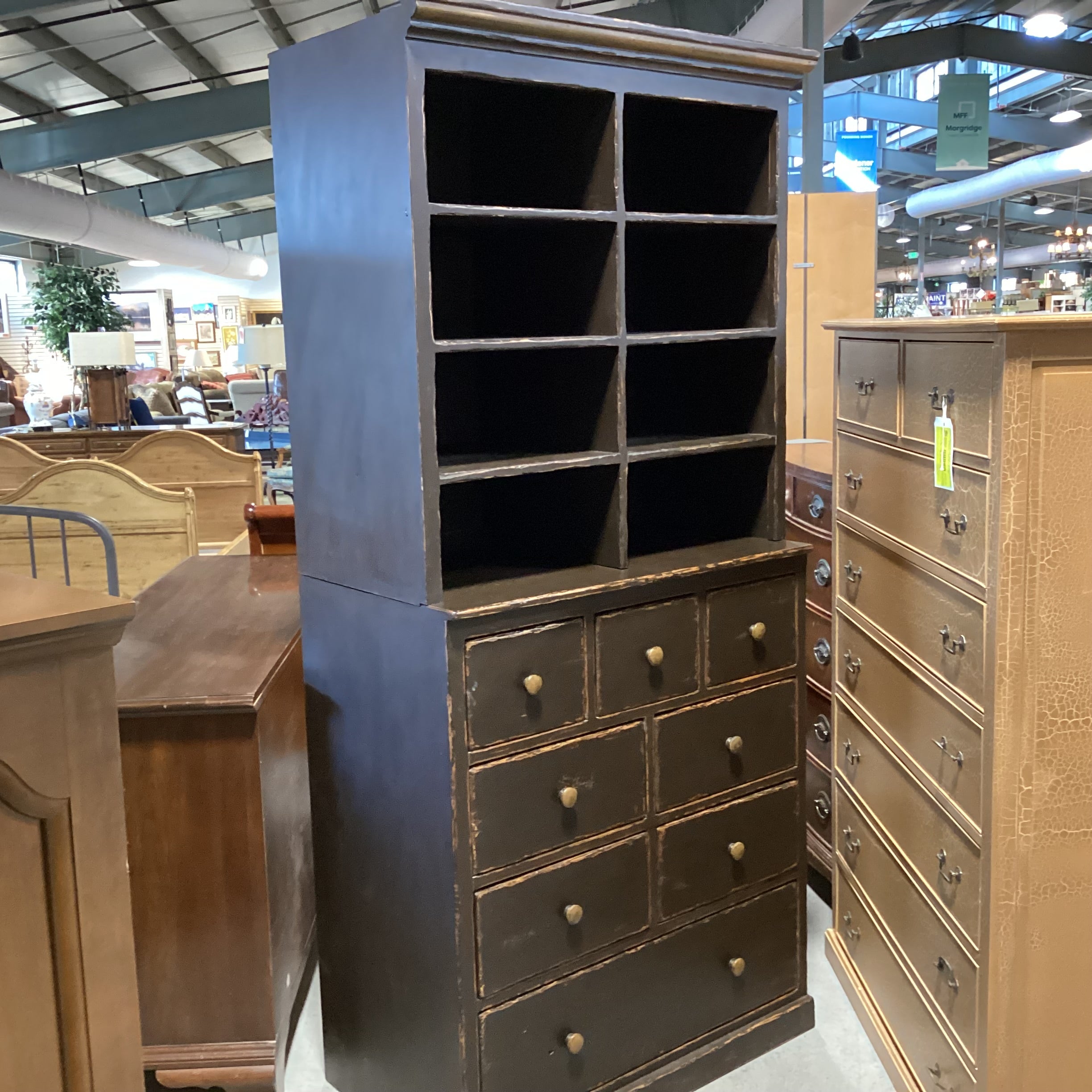 Hamby Antiqued Distressed Wood 8 Drawer 2 Piece with Cubby Hutch Dresser 37.5"x 21"x 80.5"