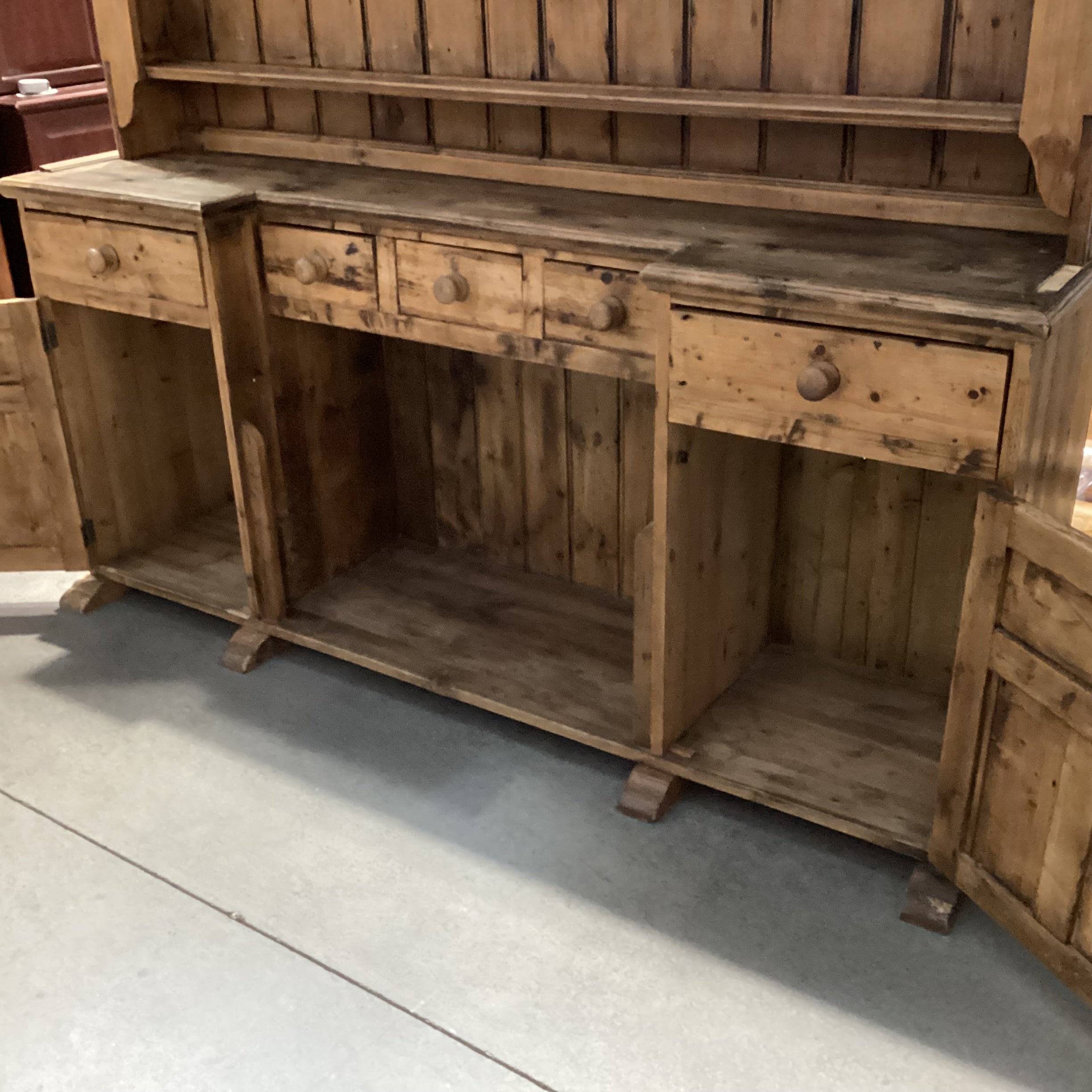 Antique Carved Pine 5 Drawer 2 Door & Shelves Hutch 2 Piece China Hutch 75"x 21"x 82"