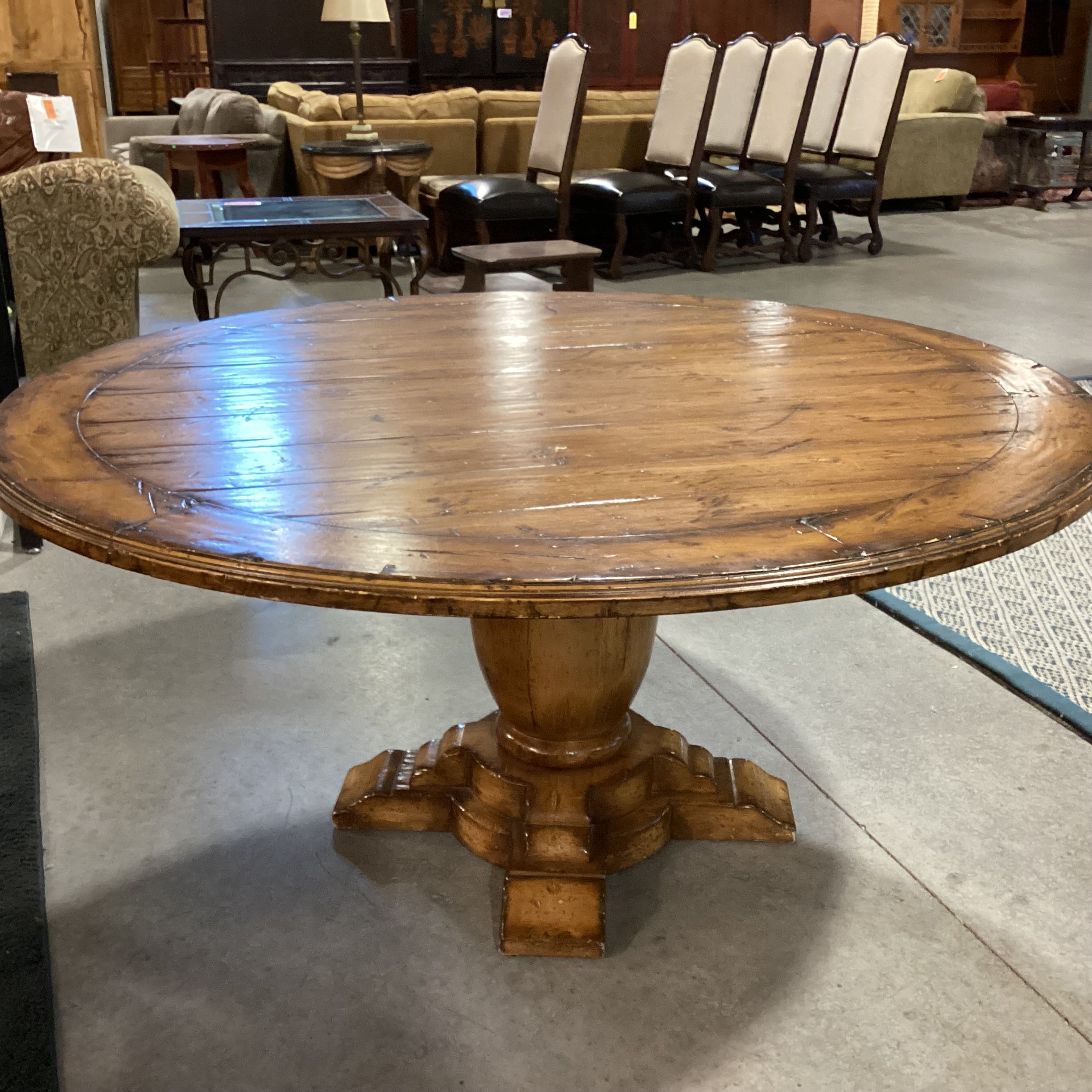 Light Distressed Wood with Pedestal Round Dining Table 62" Diameter x 29.5"