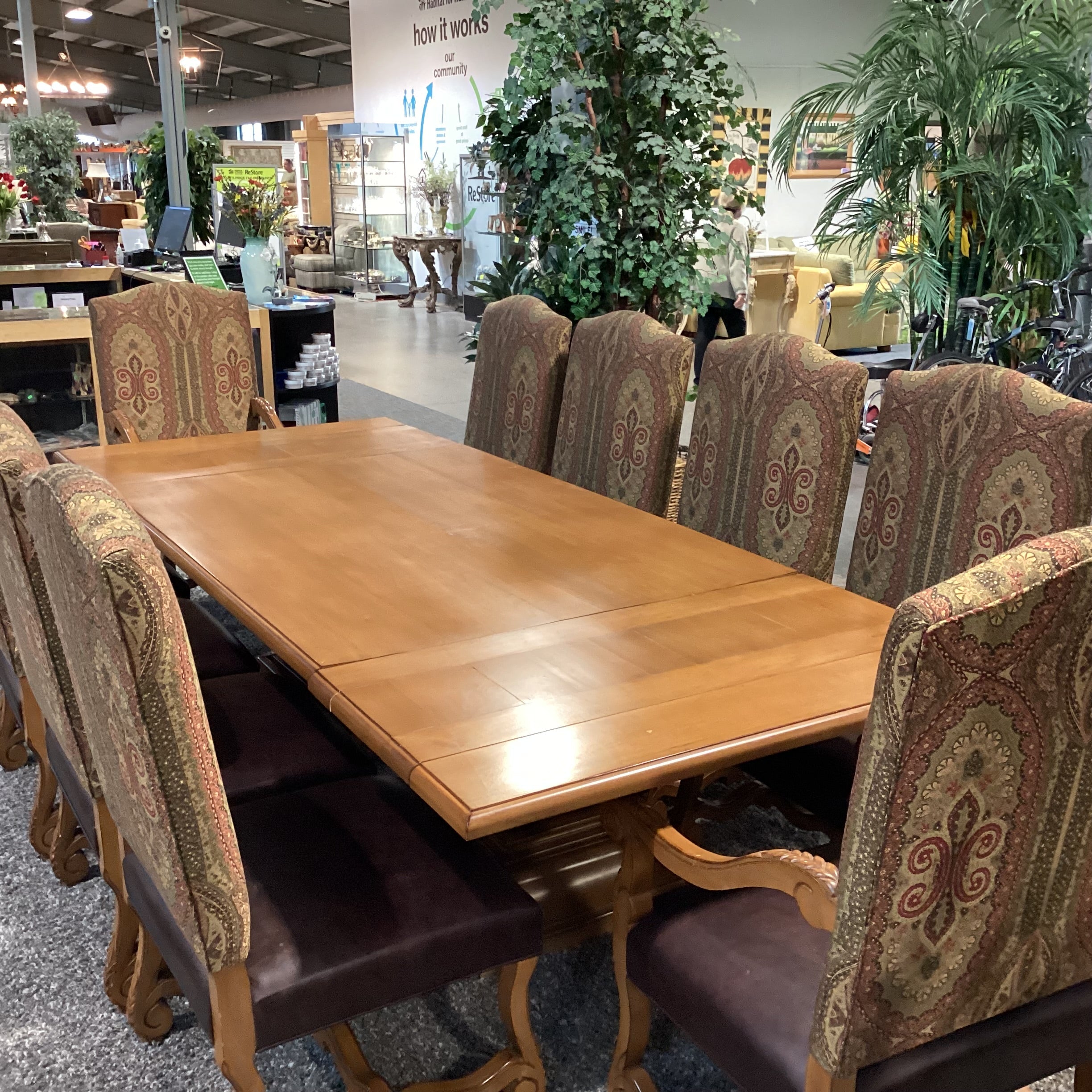 Custom Solid Wood 2 End Extend Leaves Double Pedestal Table with 10 Chairs Dining Set 120"x 48"x 30.5"