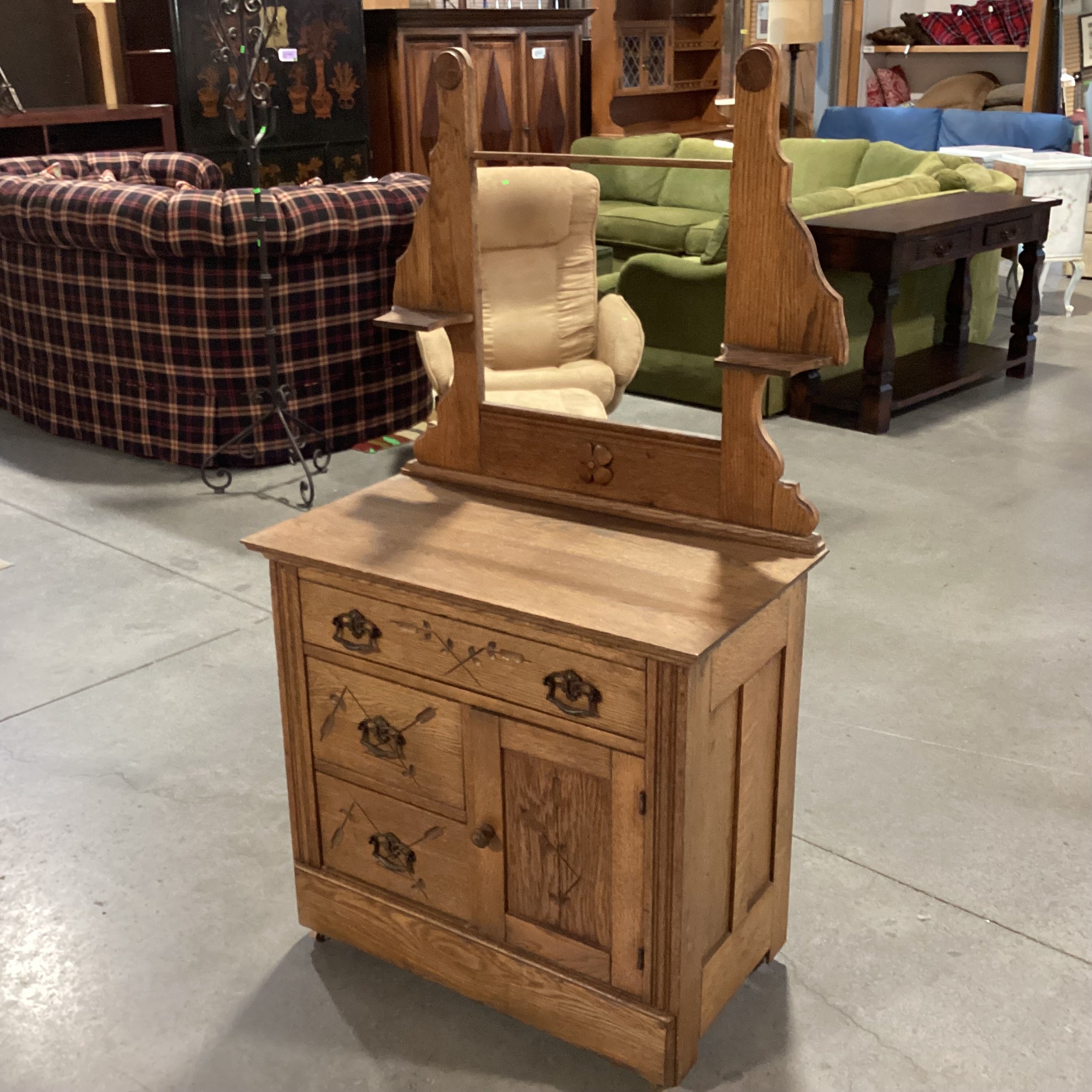 Antique Carved Oak 3 Drawer 1 Door with Towel Rack on Casters Dry Sink Chest 32"x 17"x 56.5"