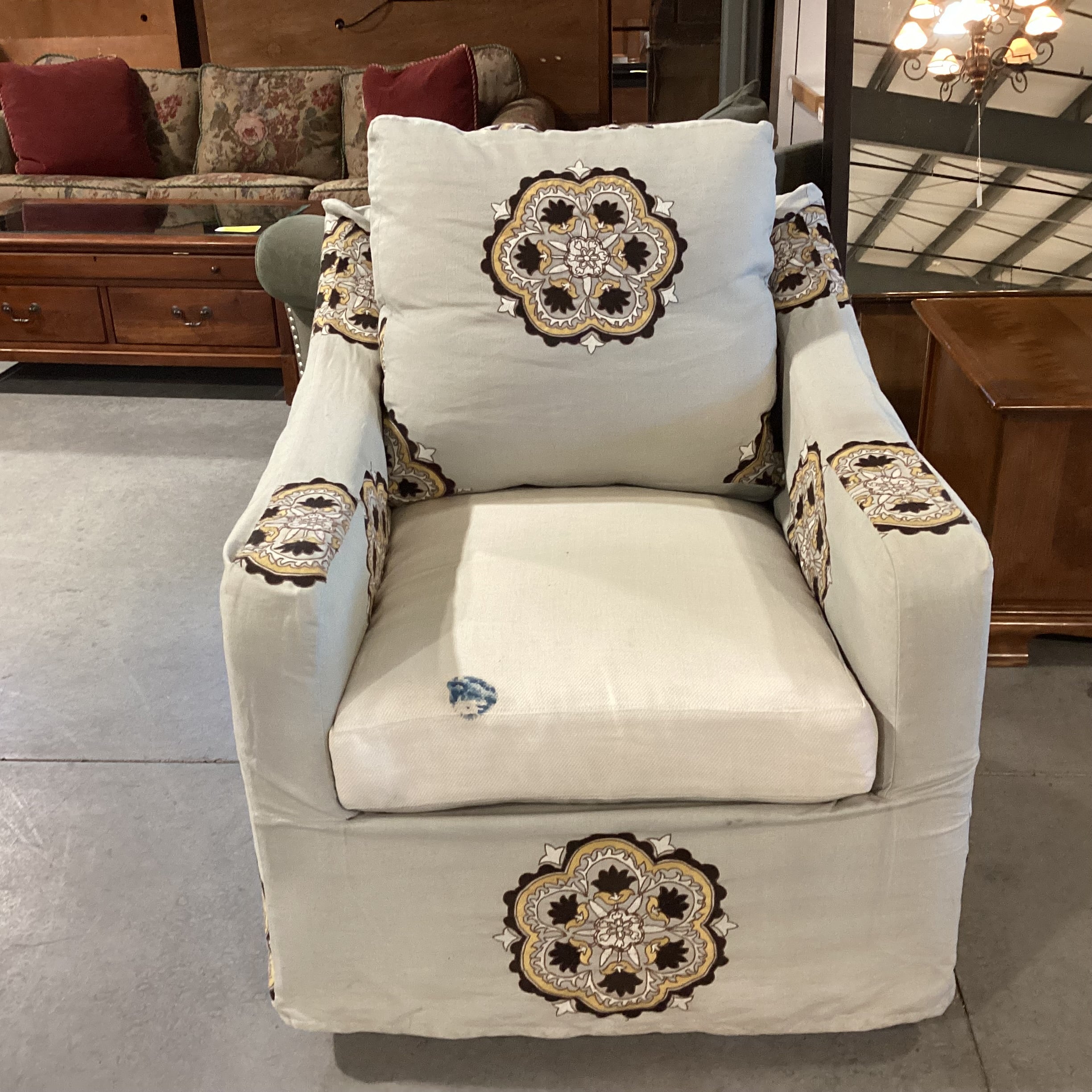 Grey with Brown Gold Medallion Slipcover Down MIx Swivel Chair 32"x 39"x 33"