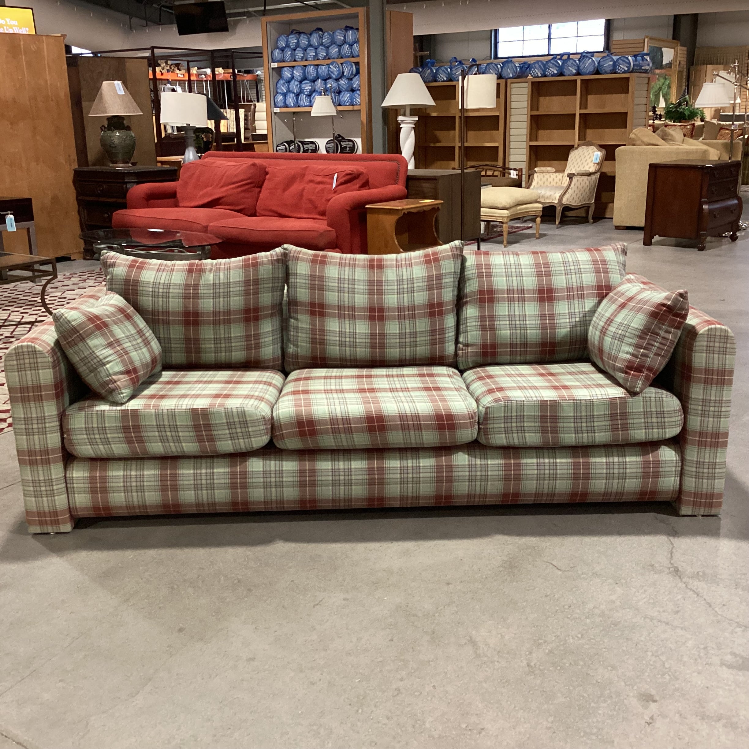 Green Rust Blue Woven Plaid Sofa 87"x 36"x 25"