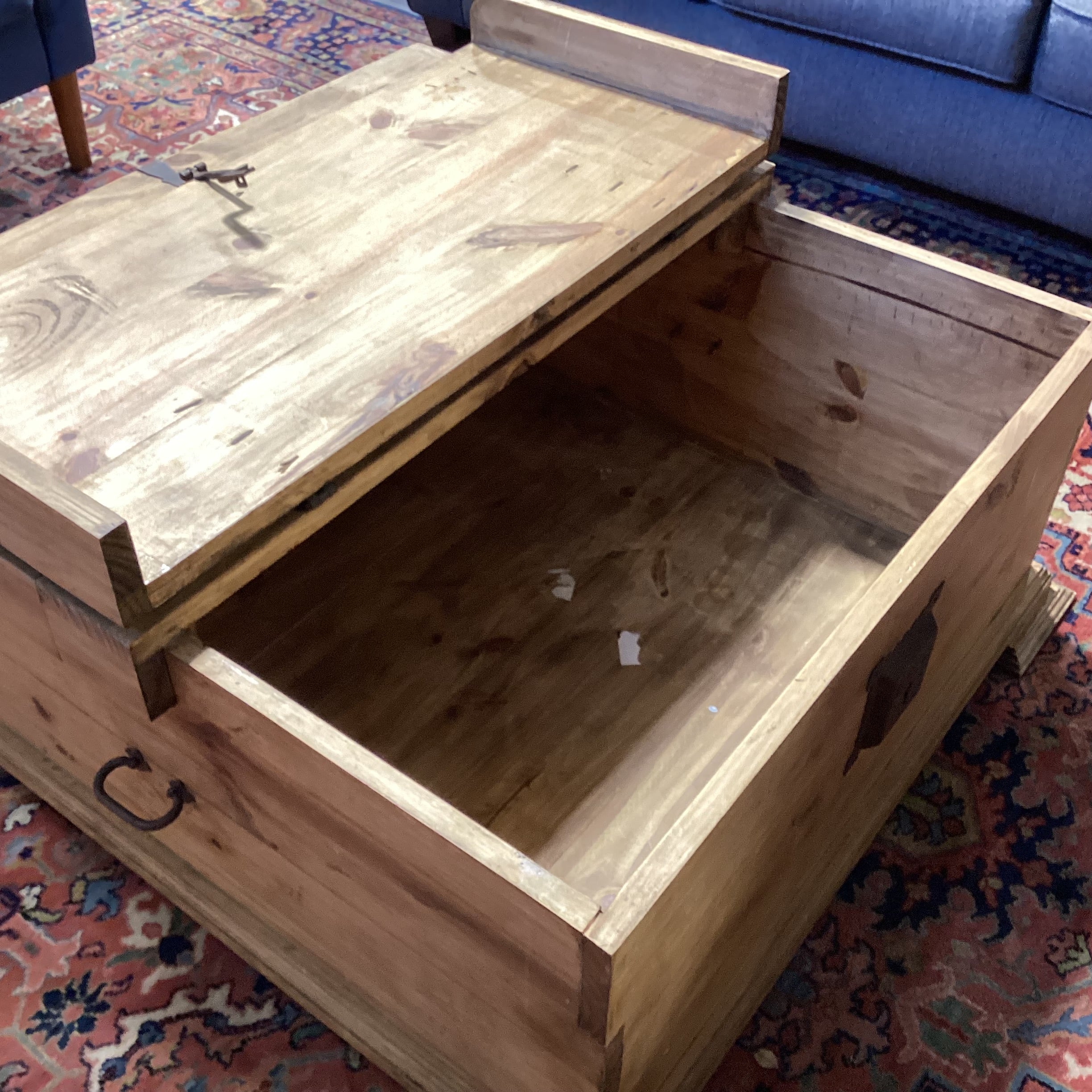 Rustic Pine with Iron Accent Trunk Style with 2 Lift Door Top Storage Coffee Table 41.5"x 43.5"x 18.5"