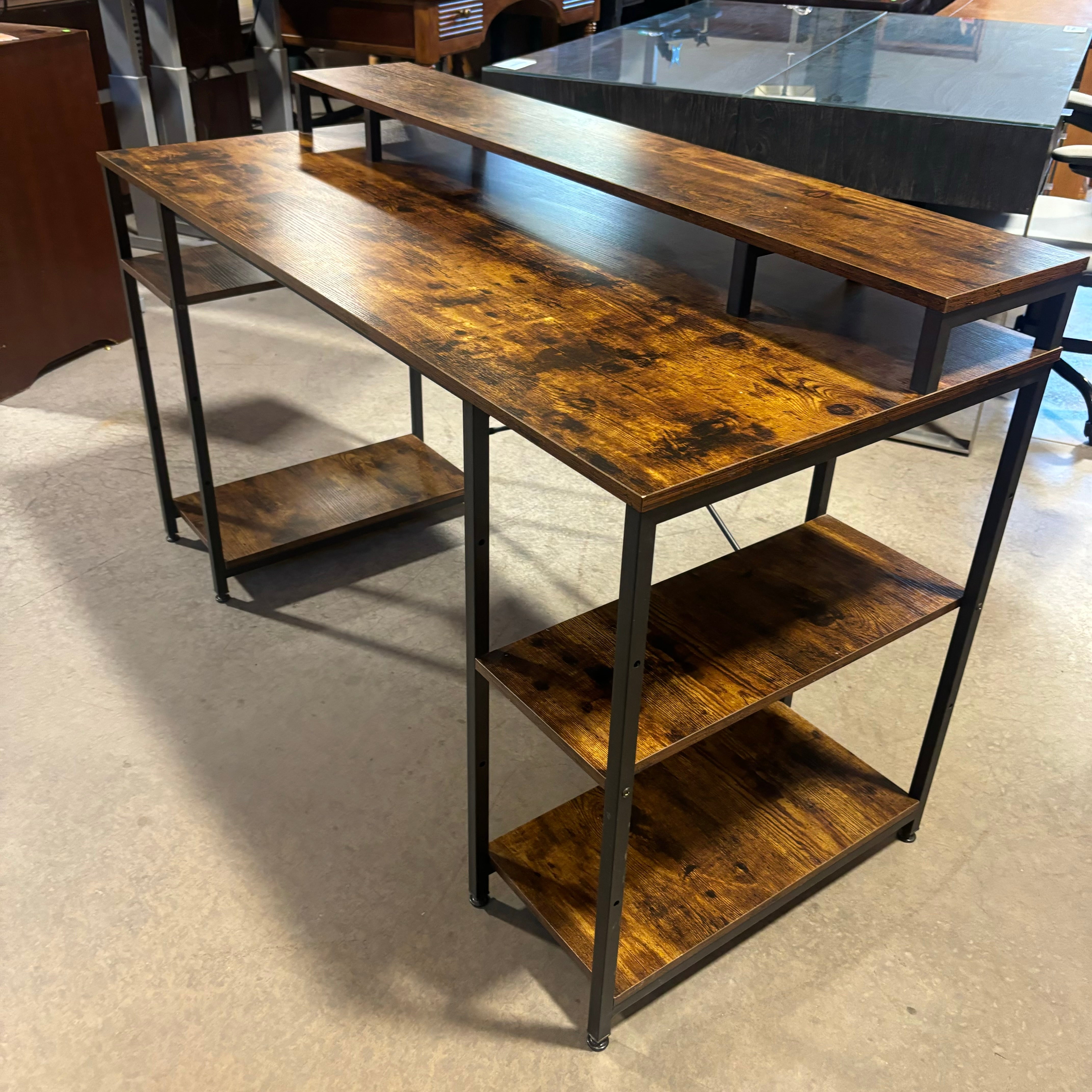 Wood Style Laminate with Metal Legs 4 Shelves & Multi Surface Top Desk 55.5"x 23.5"x 34"