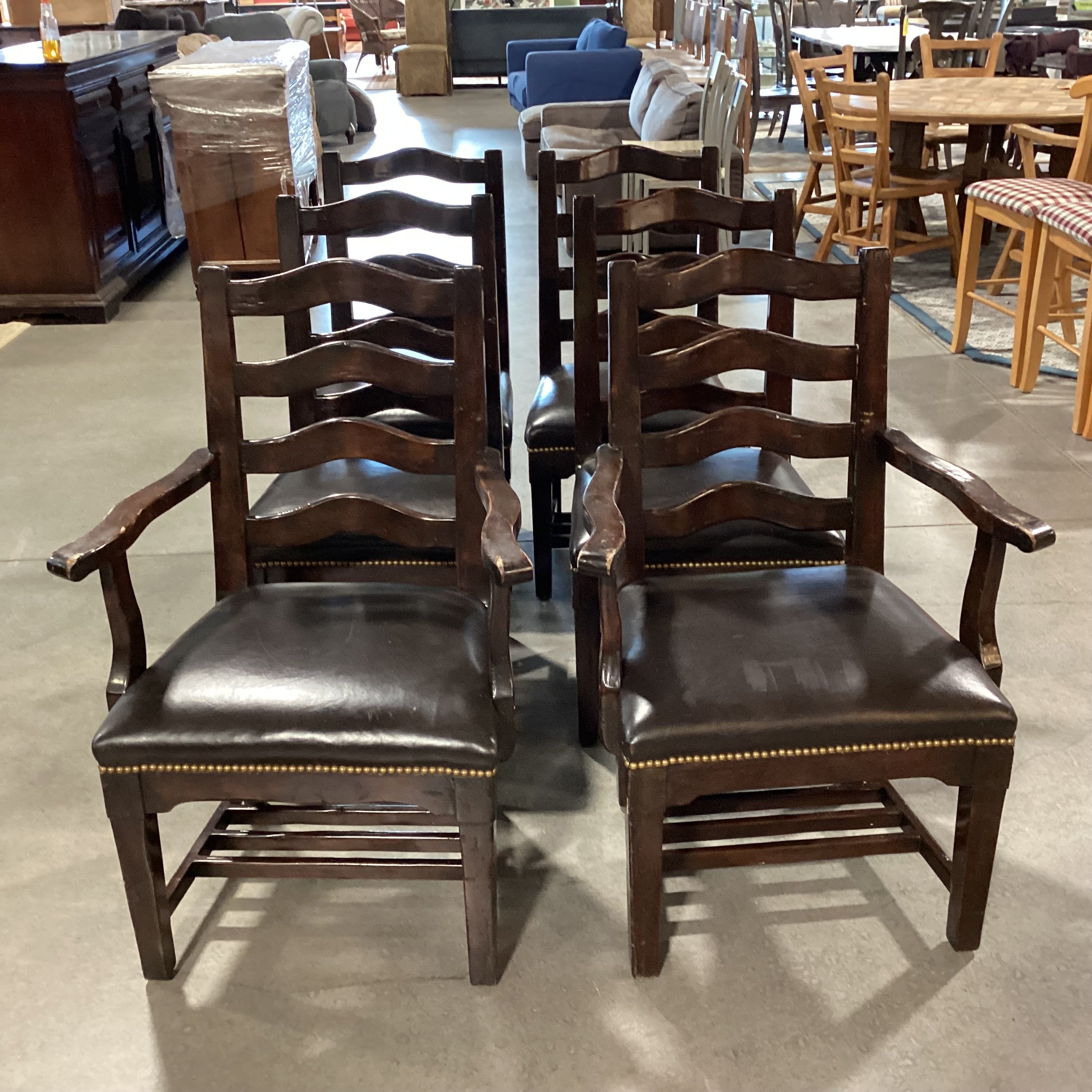 SET of 6 Dark Finish Carved Ladder Back & Leather Nailhead Dining Chairs 26"x 20"x 39"