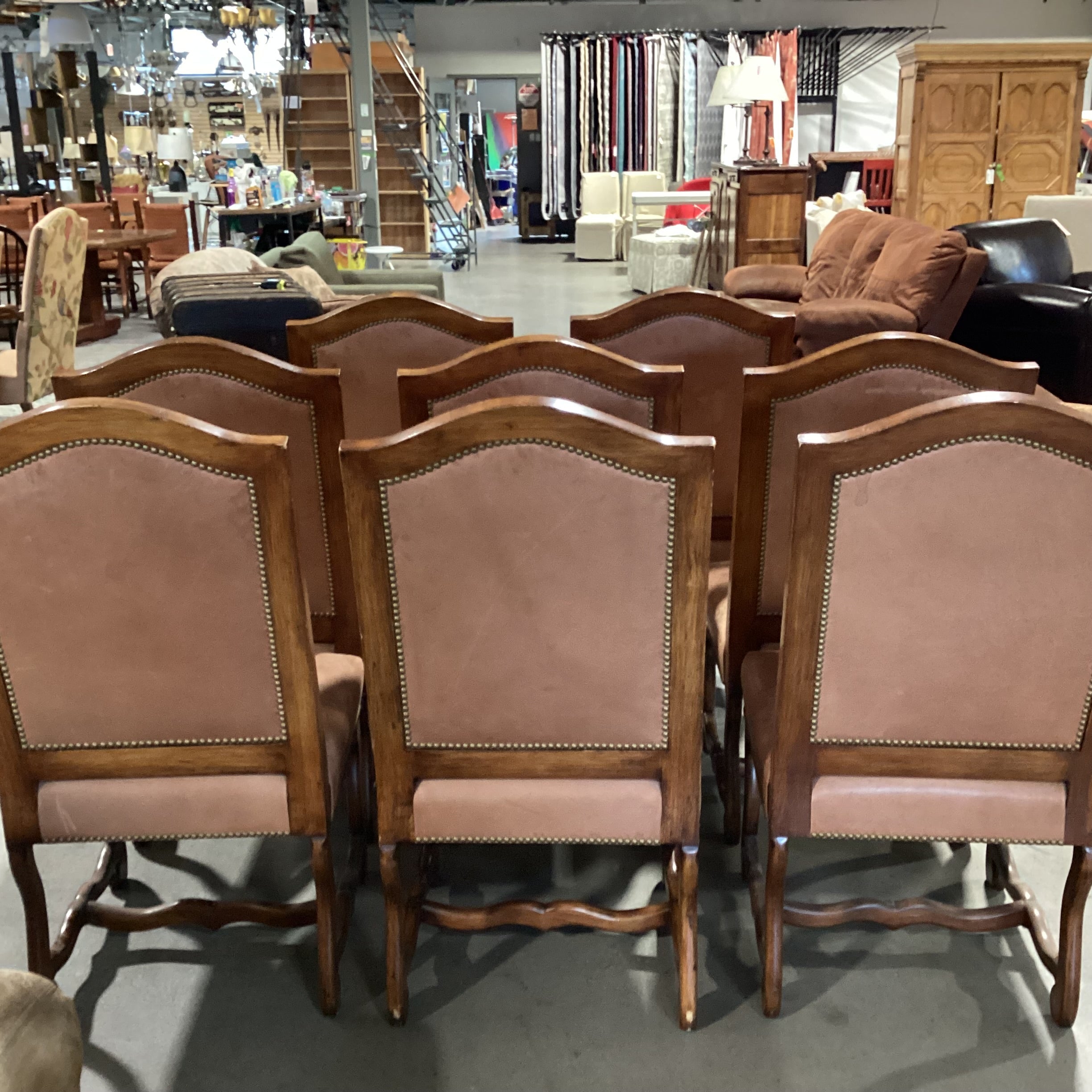 SET of 8 Gina B Custom Carved Wood Leather & Upholstery Nailhead Dining Chair 22"x 24"x 43"