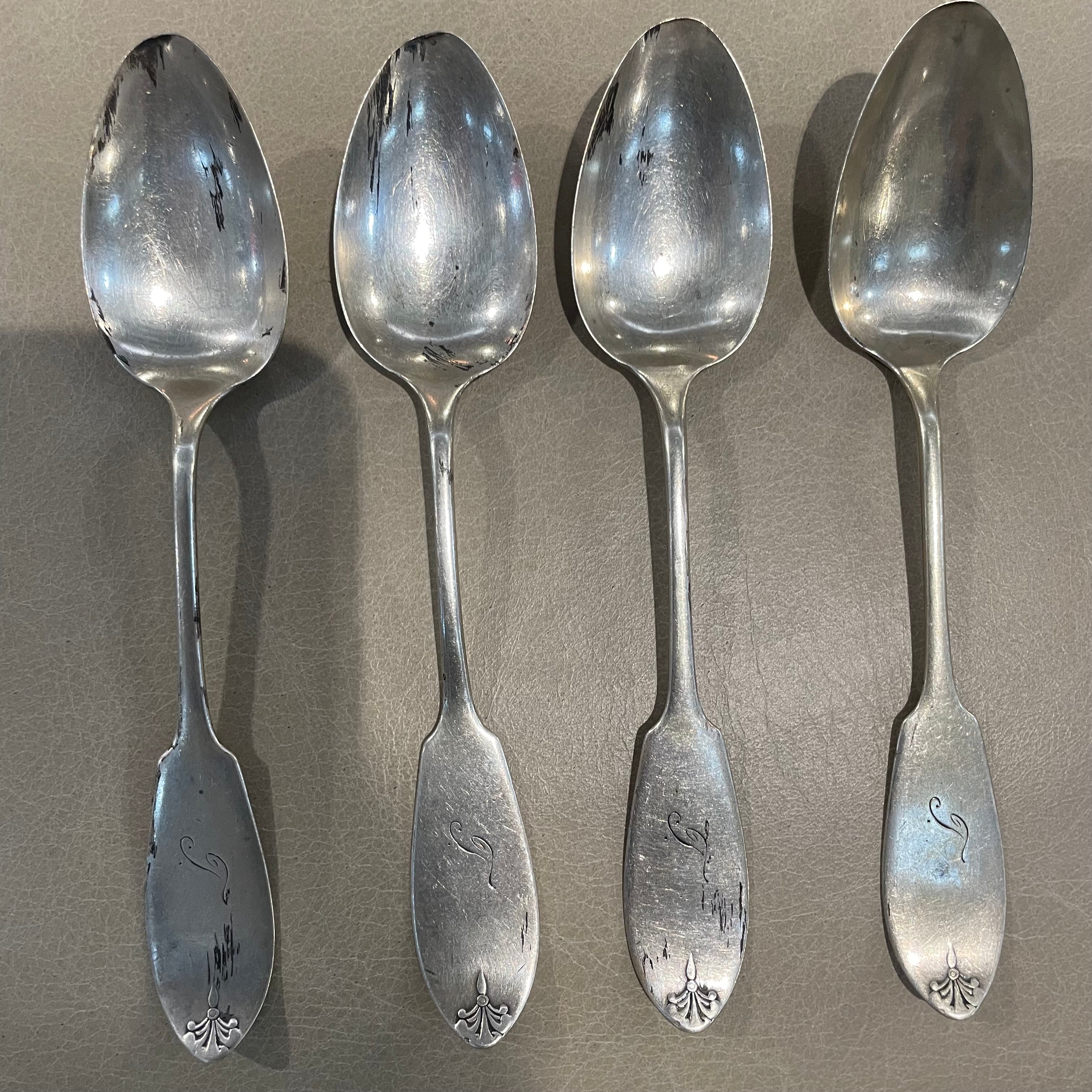 Set of 4 Antique Sterling Silver Fiddle Tipt Dessert Spoons, 5.25"