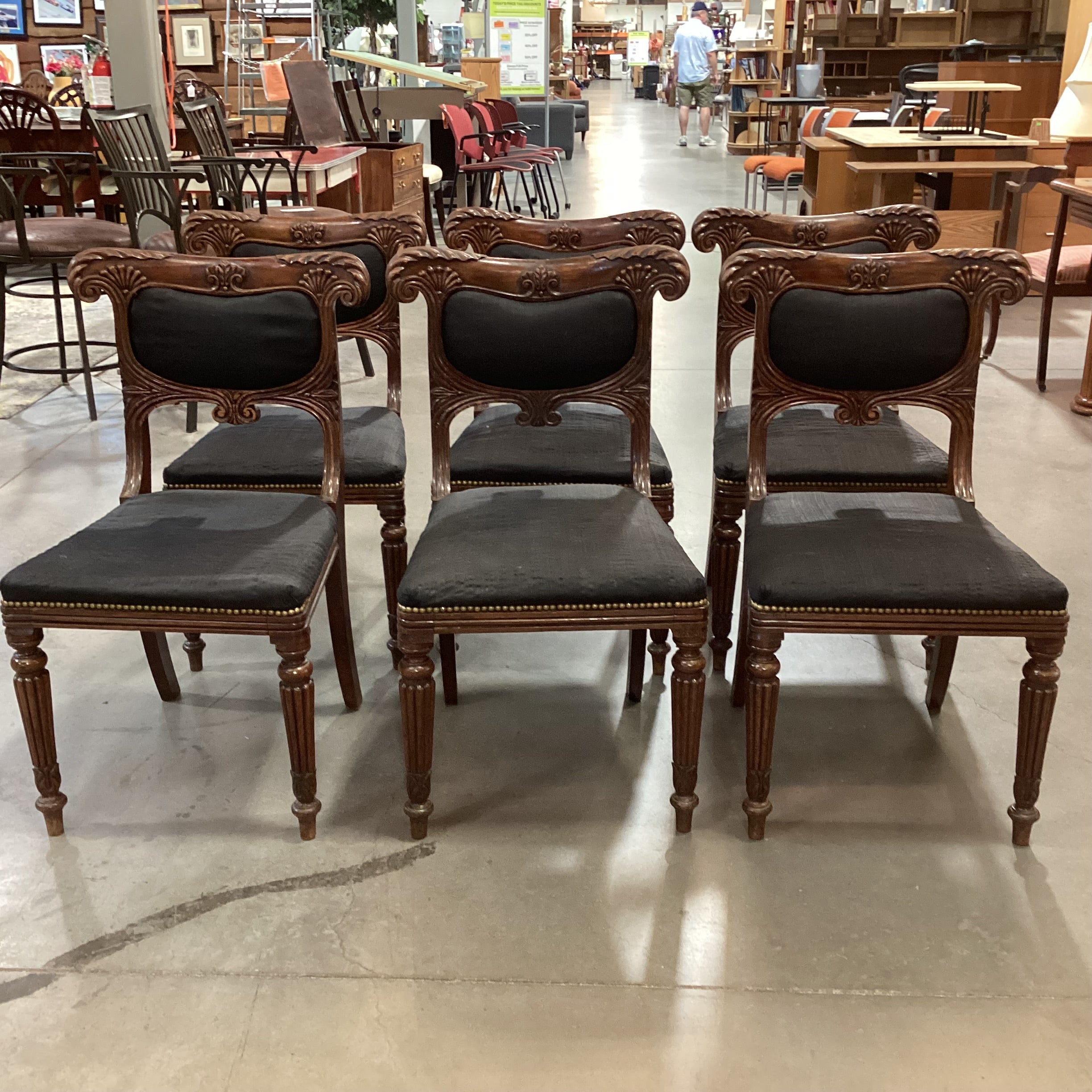 SET of 6 Antique Carved Wood & Black Upholstered Nailhead Dining Chairs 20"x 20"x 33.5"