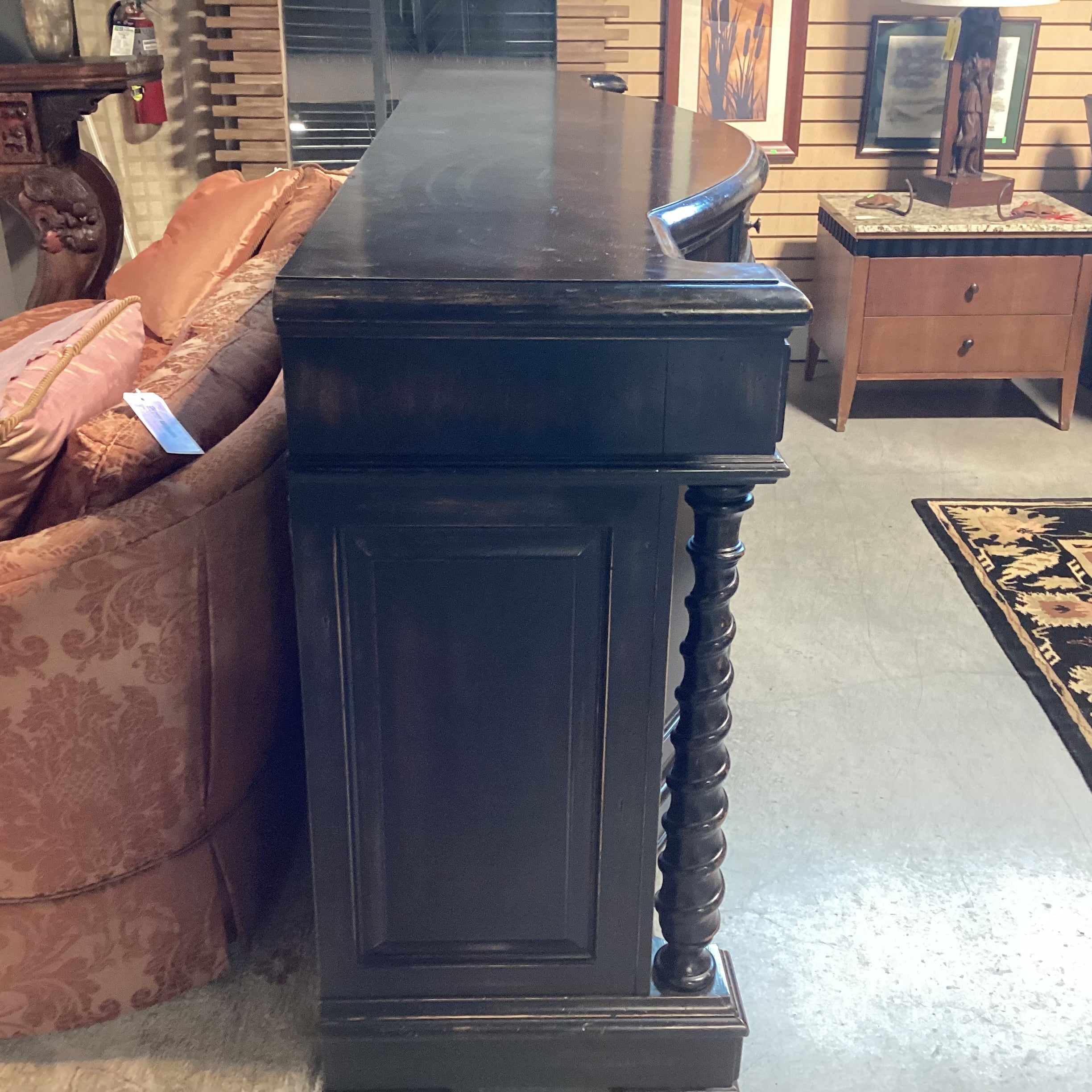 Antiqued Black Distressed Carved Wood 4 Door 6 Drawer Sideboard 96.5"x 27.5"x 42.5"