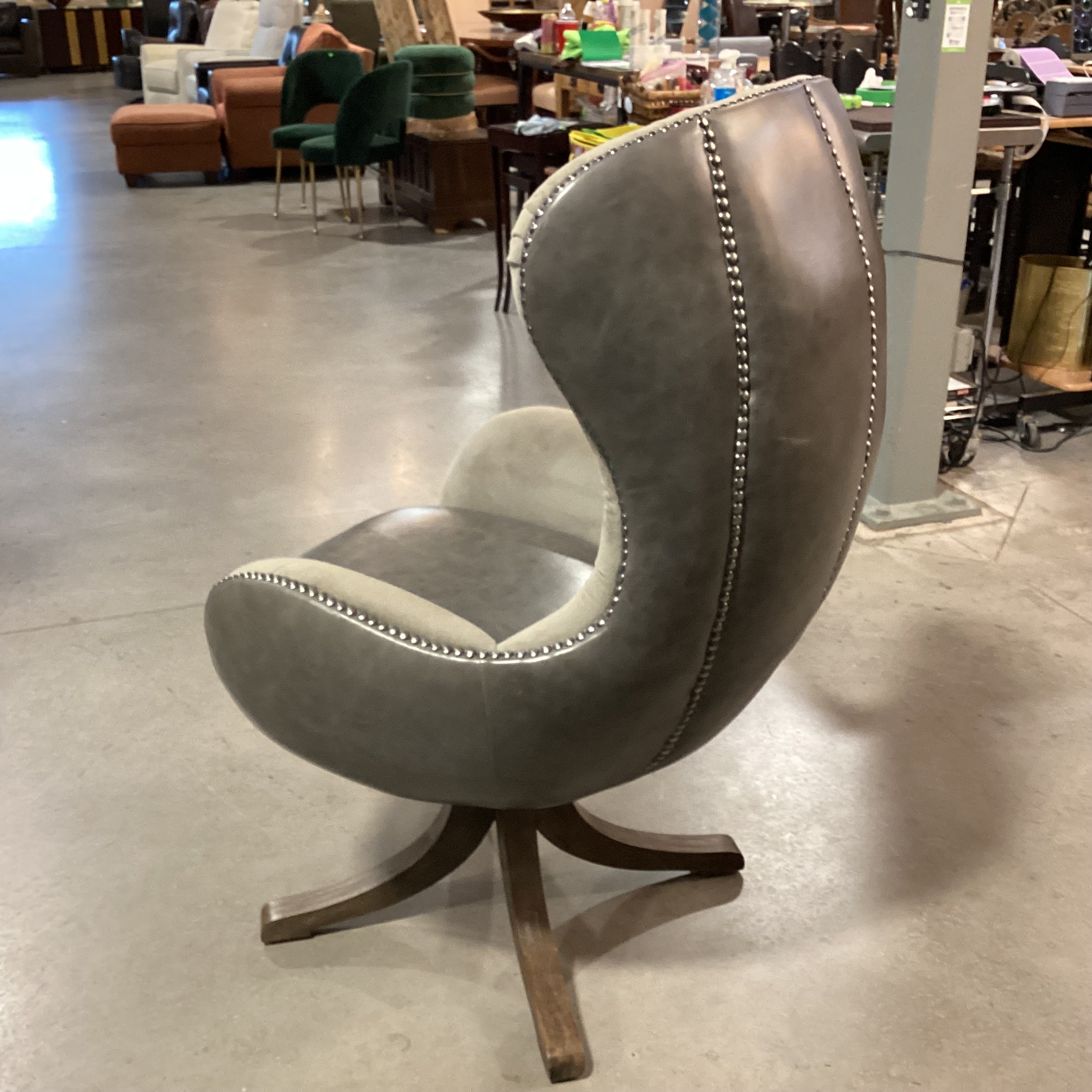 Uttermost Linford Clouded Zinc Leather Nailhead & Grey Velvet Swivel Chair 31"x 31"x 48"