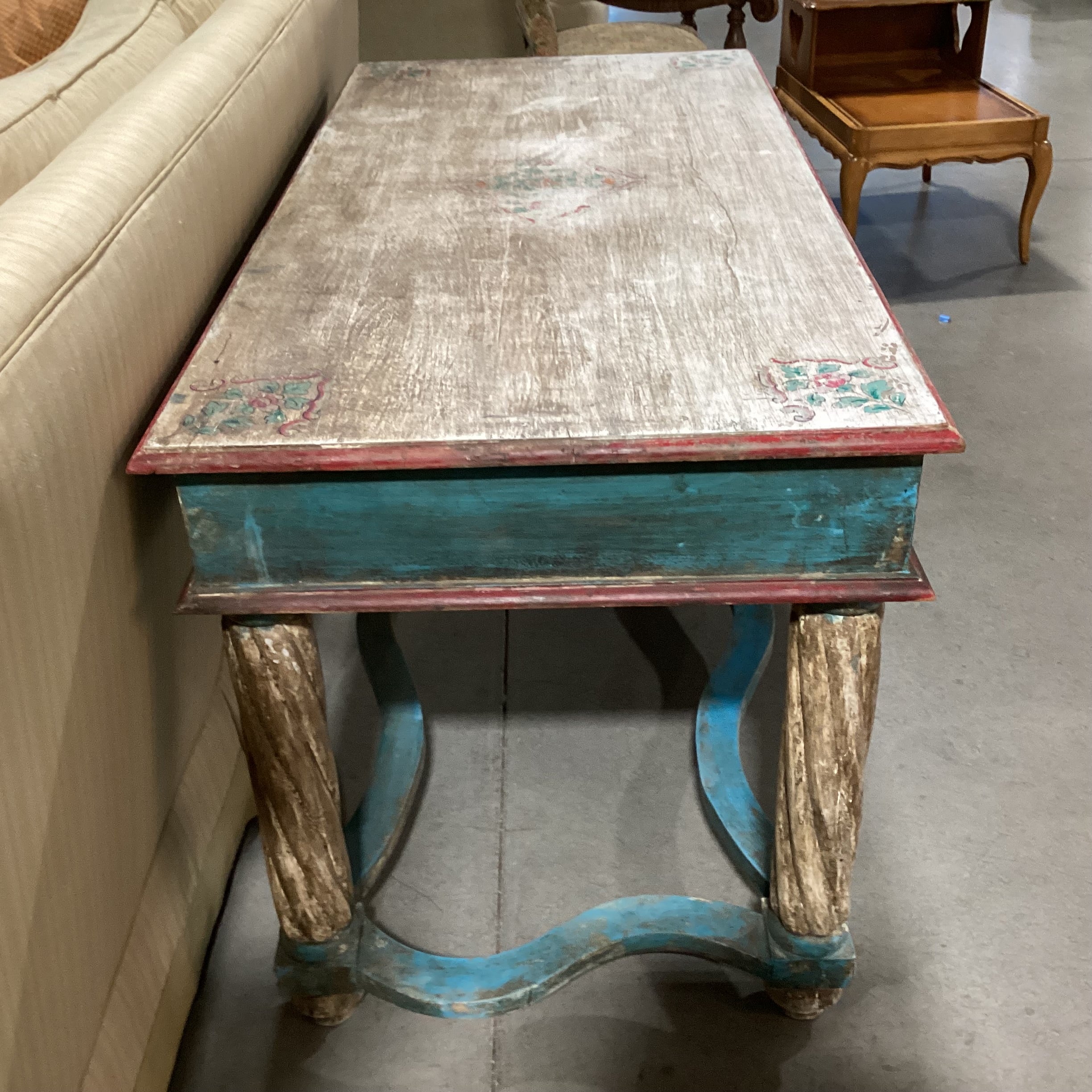 Antiqued Finish Hand Painted Blue & Red Floral Carved Wood 2 Drawer Accent Table 58.5"x 28.5"x 32"