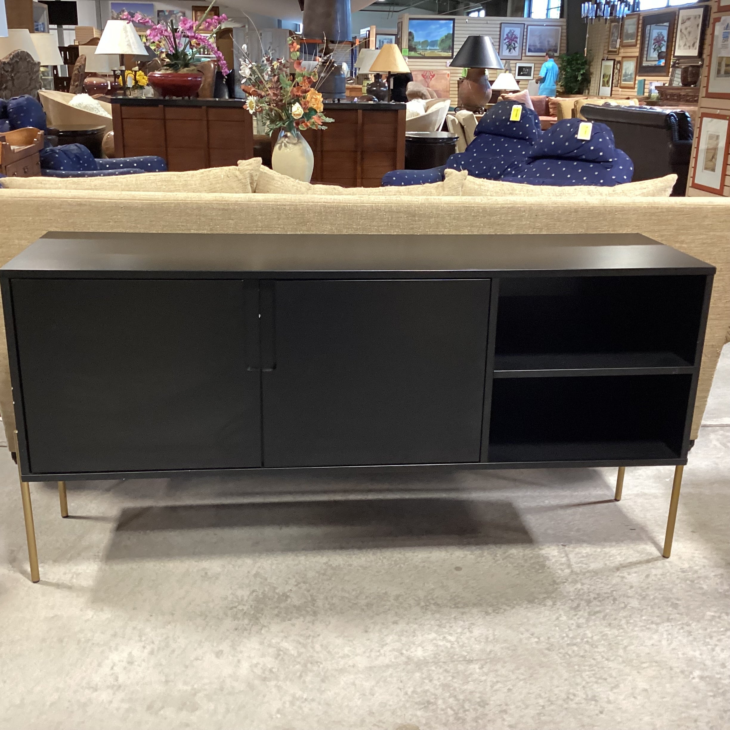 Black Laminate & Gold Legs 2 Door with Shelves Console Credenza 65"x 18"x 31.5"