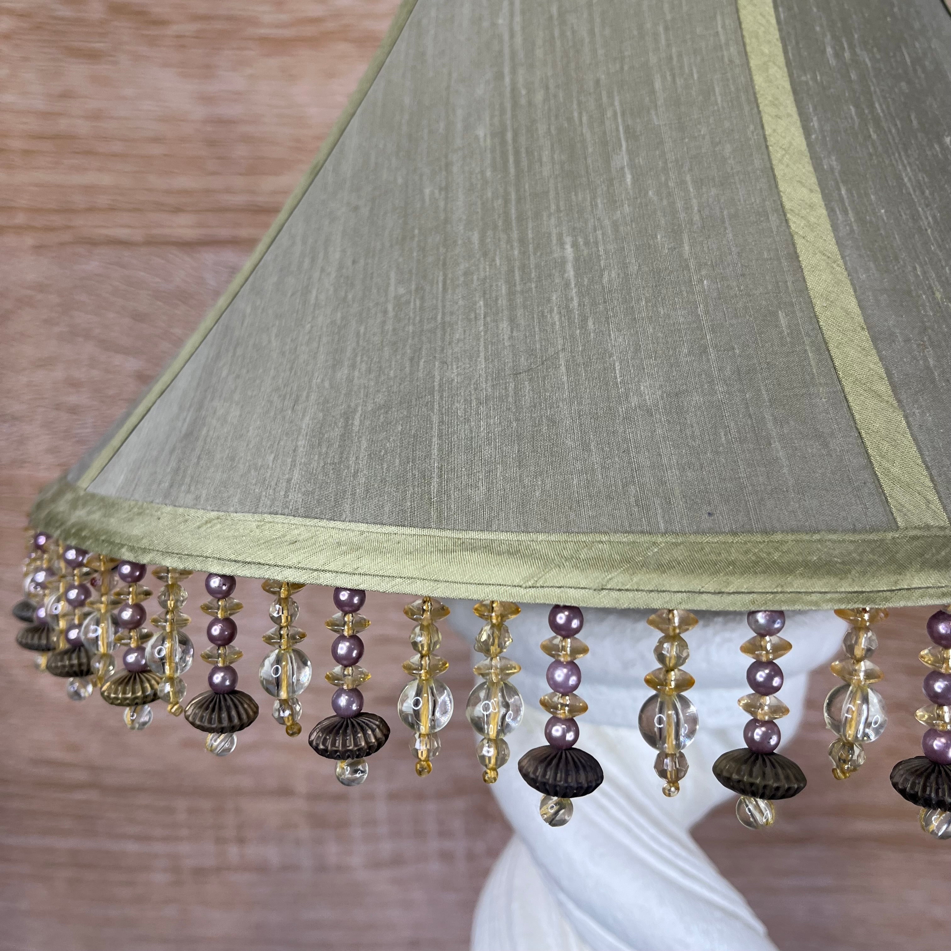 Fine Arts Lamps Plaster Twist Pedestal Base with Beaded Green Linen Shade Table Lamp 16" Diameter at Shade x 35"