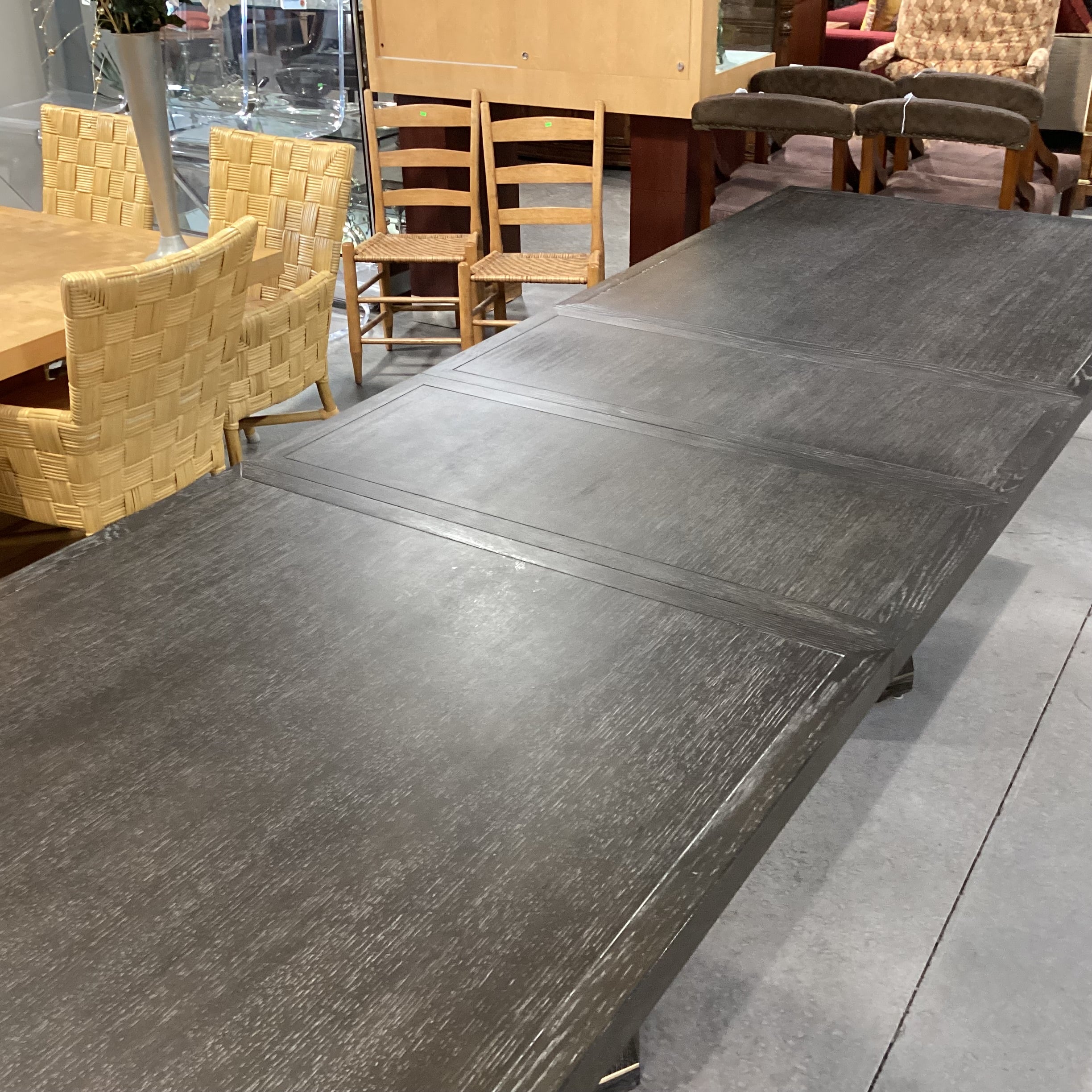 Mitchell Gold & Bob Williams Modern Cerused Charcoal Finish Oak Geometrical Pedestals with Brass Emerson Dining Table 96" to 132"x 42"x 30.5"
