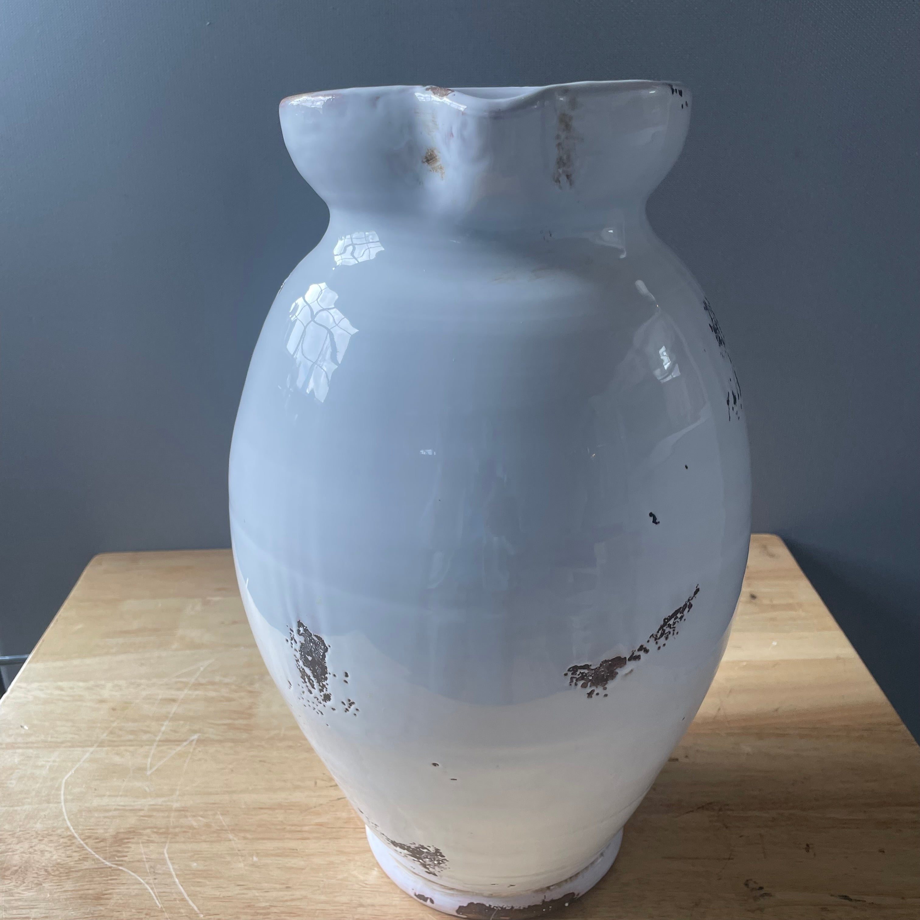Alessandro Taddei Signed Fortunata Distressed White Glazed Ceramic Pitcher, 11"x 15.5"