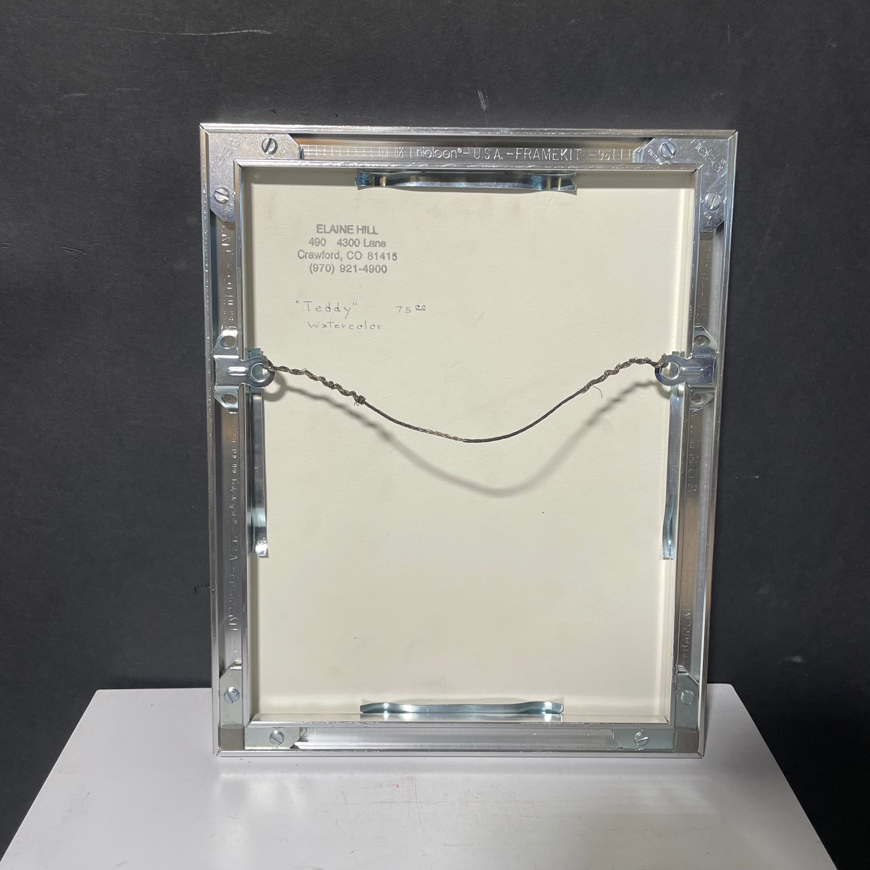 E. Hill Signed Original "Teddy" Bear Watercolor In A Silver Frame 8 1/4" x 10 1/4"