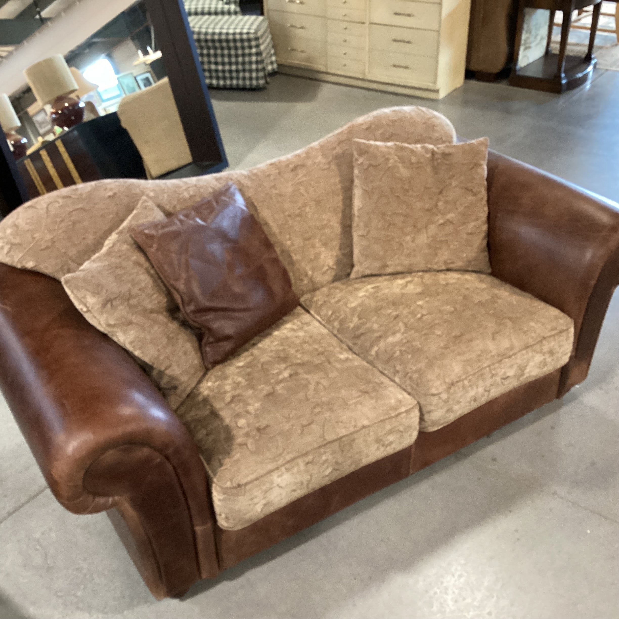 Tan Leaf Vine Design Upholstery & Leather Love Seat Sofa 74"x 37"x 32"